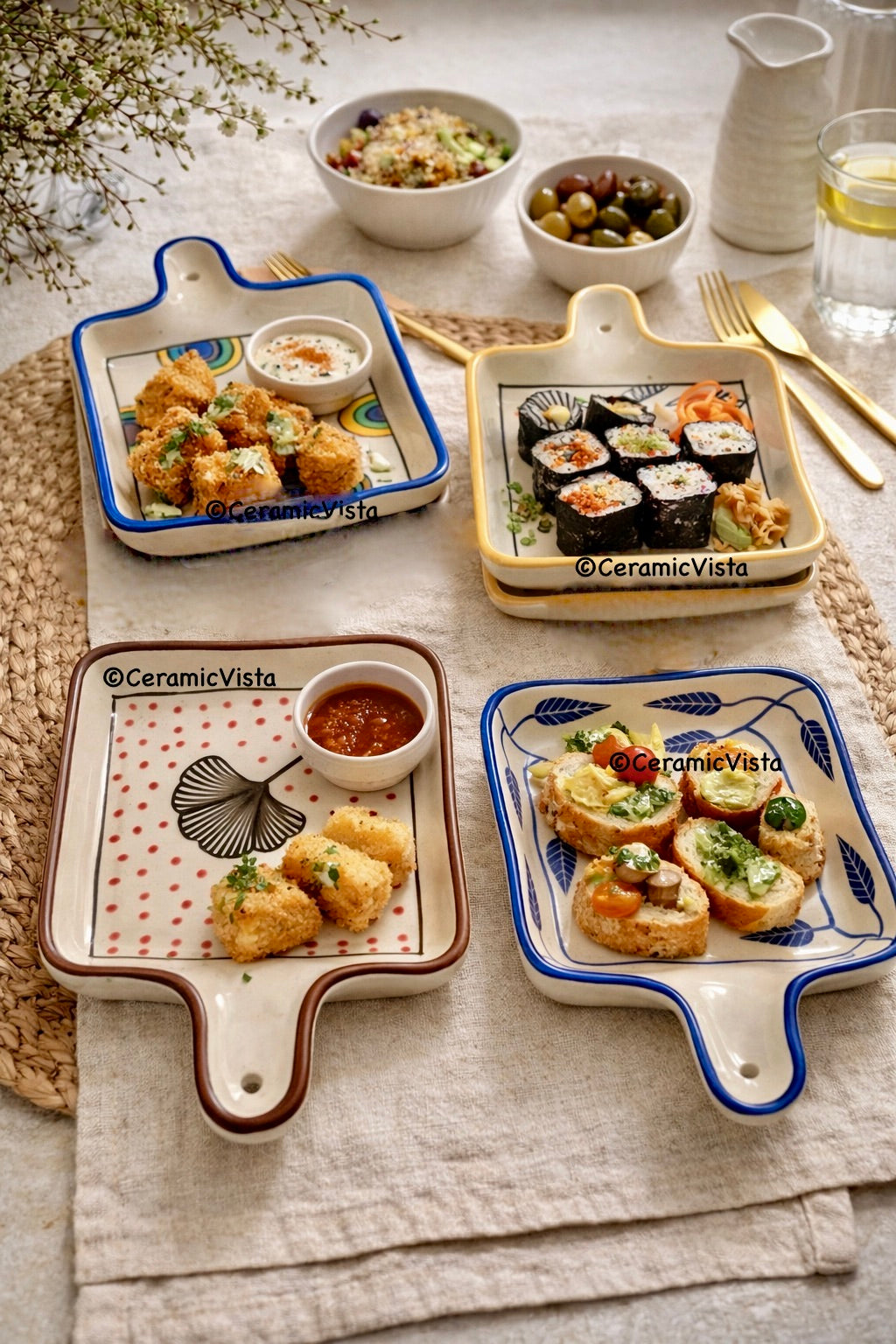 Handcrafted Ceramic Snack & Serve Platters – Set of 4 (Artistic Prints)