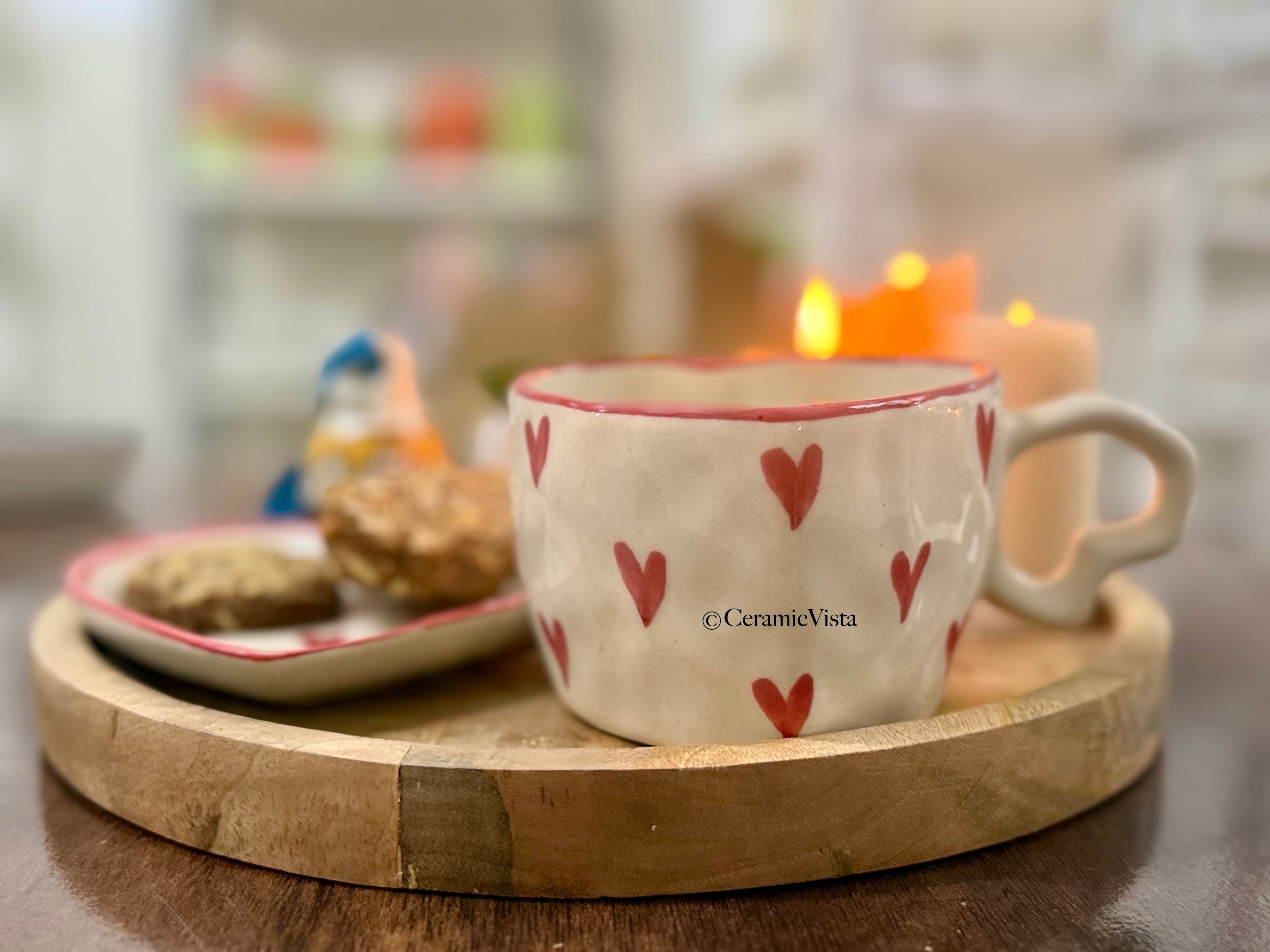 Heart-Shaped Ceramic Mug With Saucer – Handcrafted Love Set