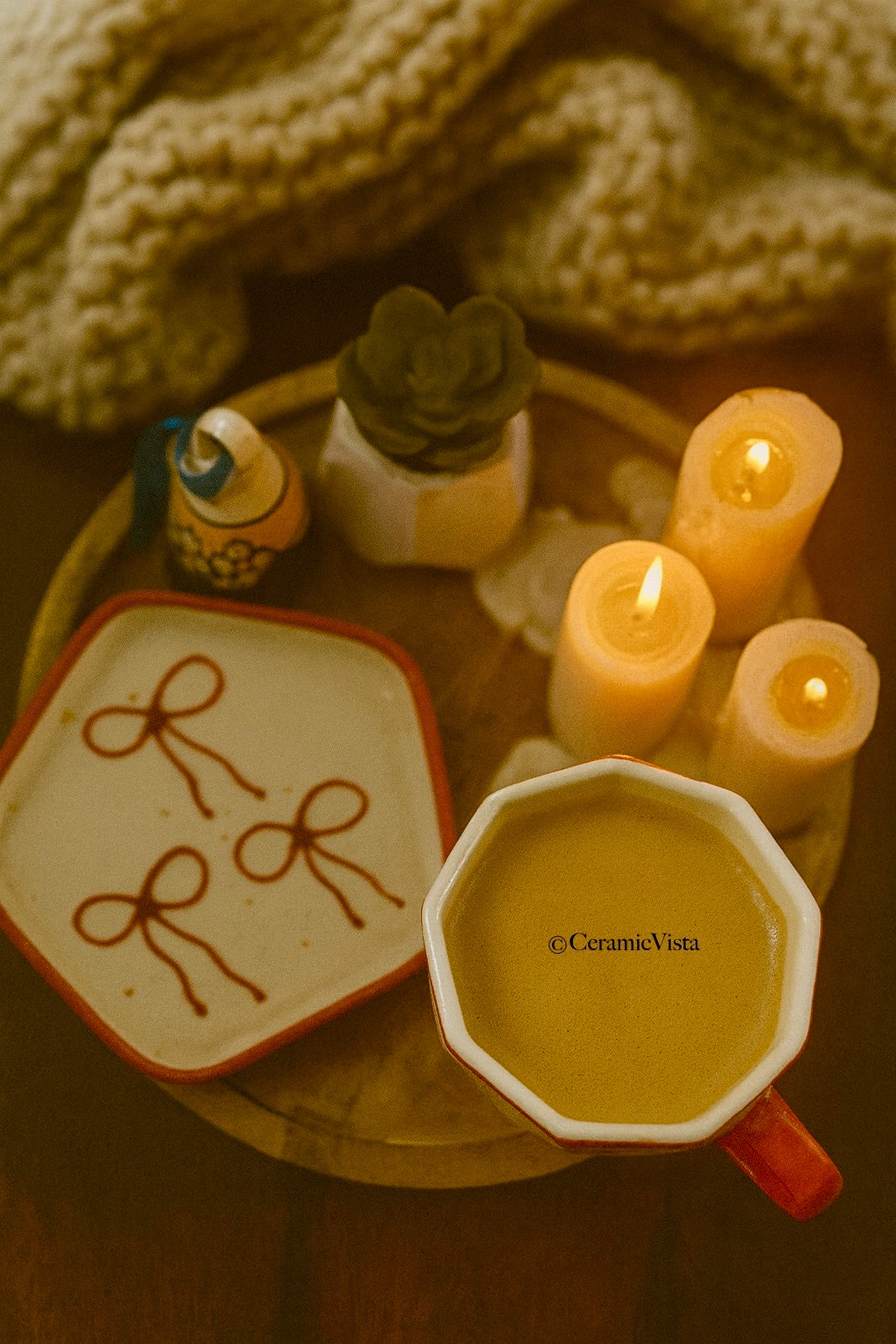 Handcrafted Bow Ceramic Mug With Saucer | CeramicVista