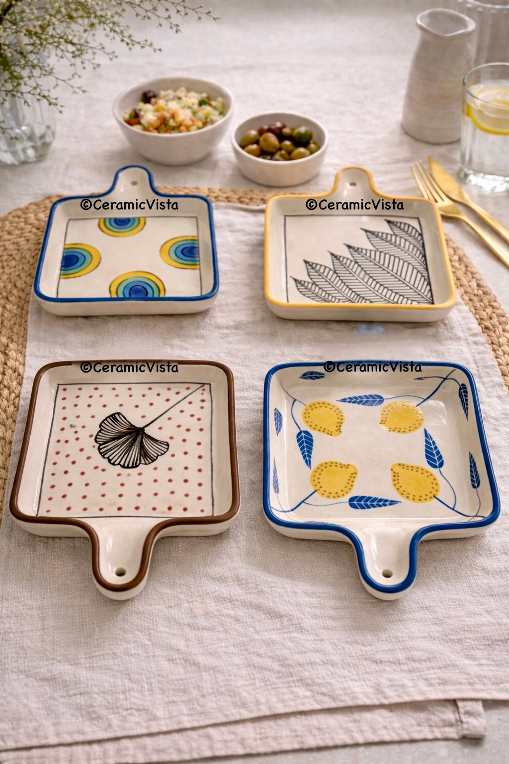Handcrafted Ceramic Snack & Serve Platters – Set of 4 (Artistic Prints)