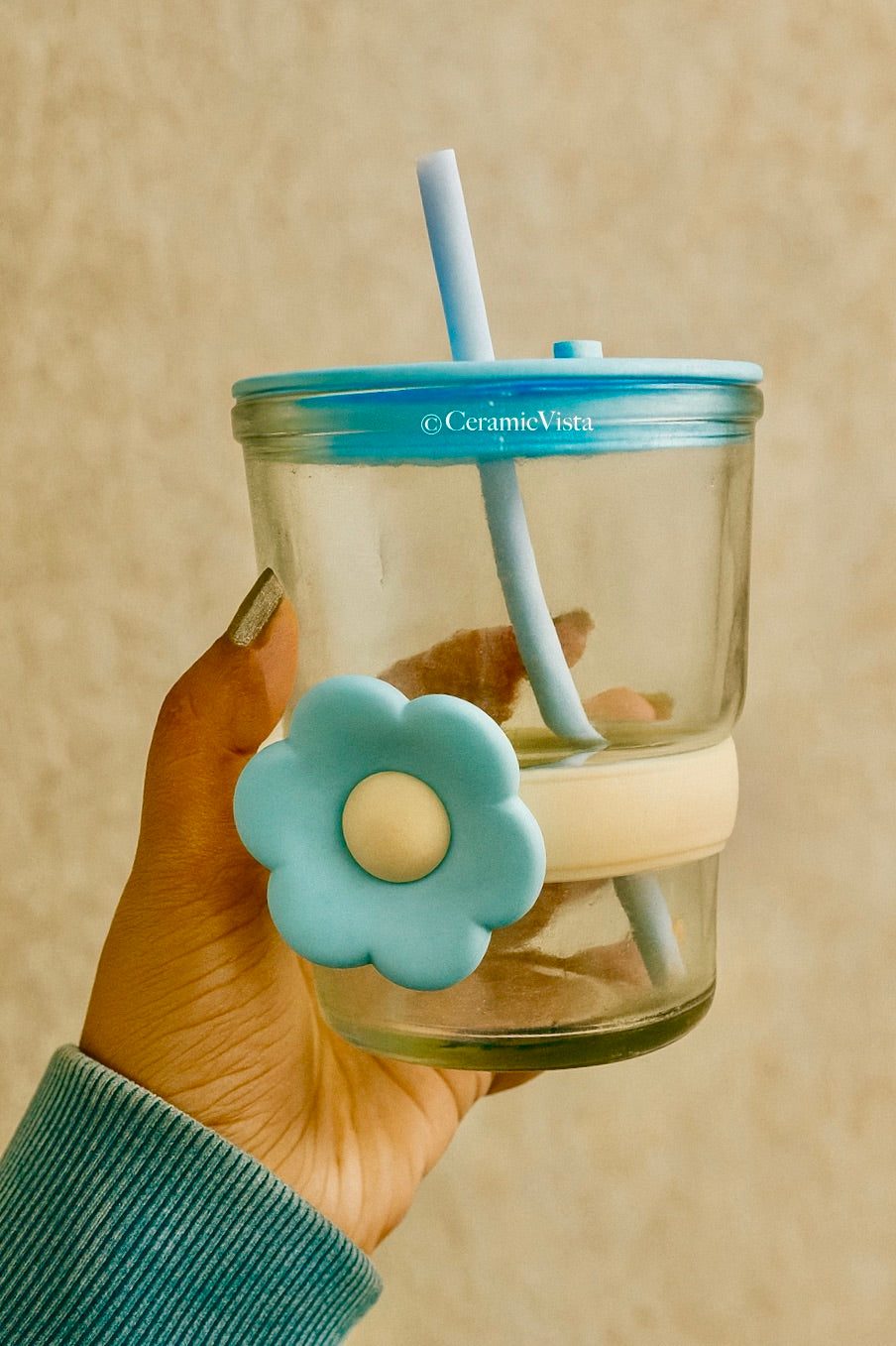 Blue Blossom Glass Sipper with Straw – Cute Flower Grip | CeramicVista