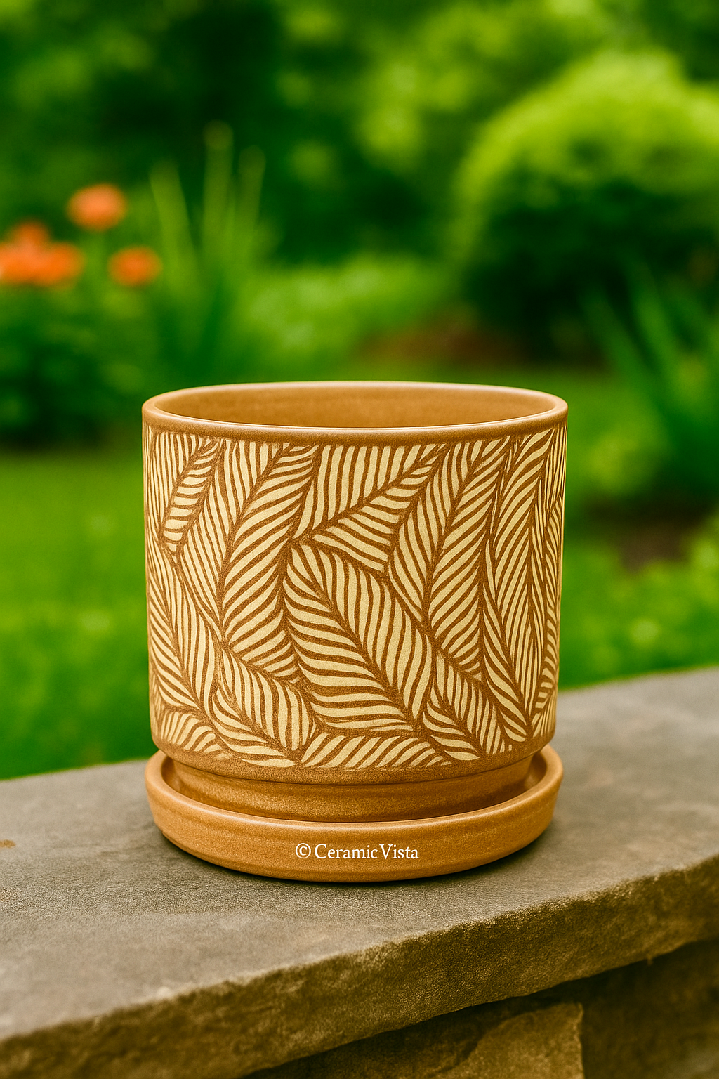 Earthy Leaf-Carved Ceramic Planter with Tray | CeramicVista