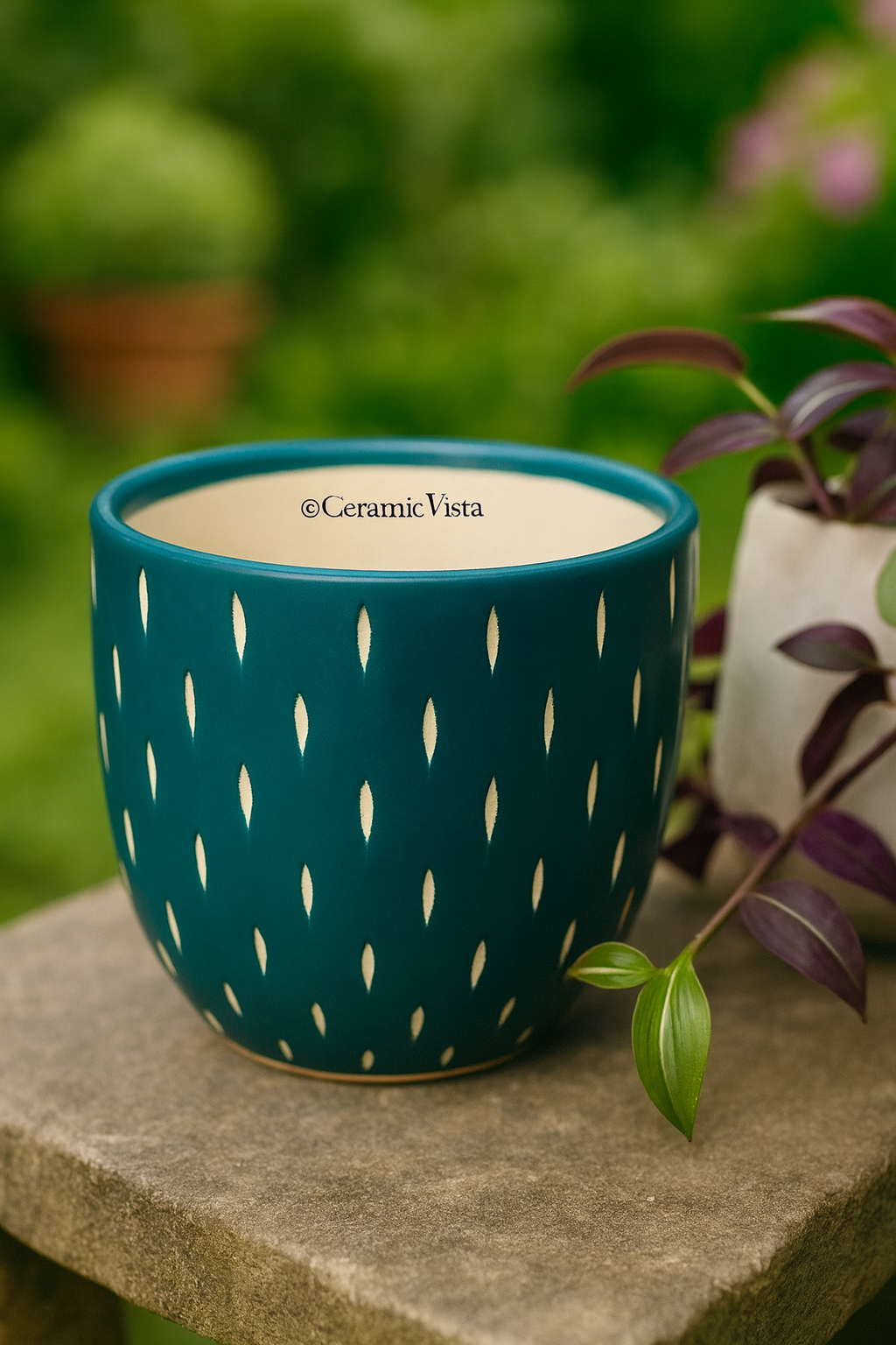 Handcrafted Teal Carved Ceramic Planter – Modern Indoor & Outdoor Pot