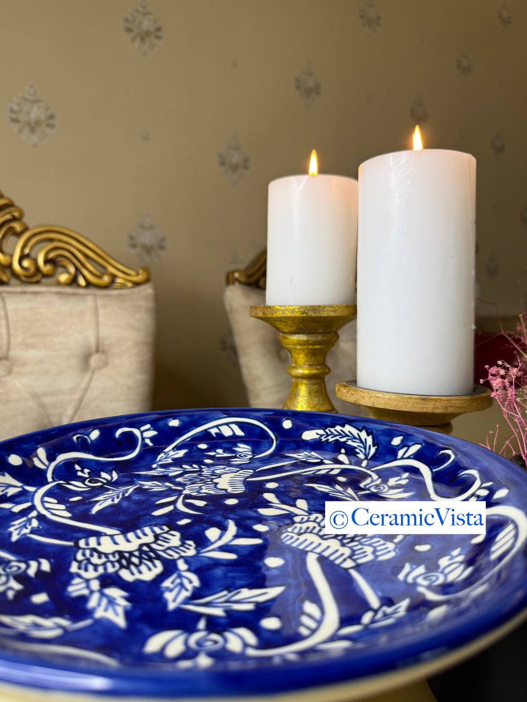 Handcrafted blue pottery cake tray