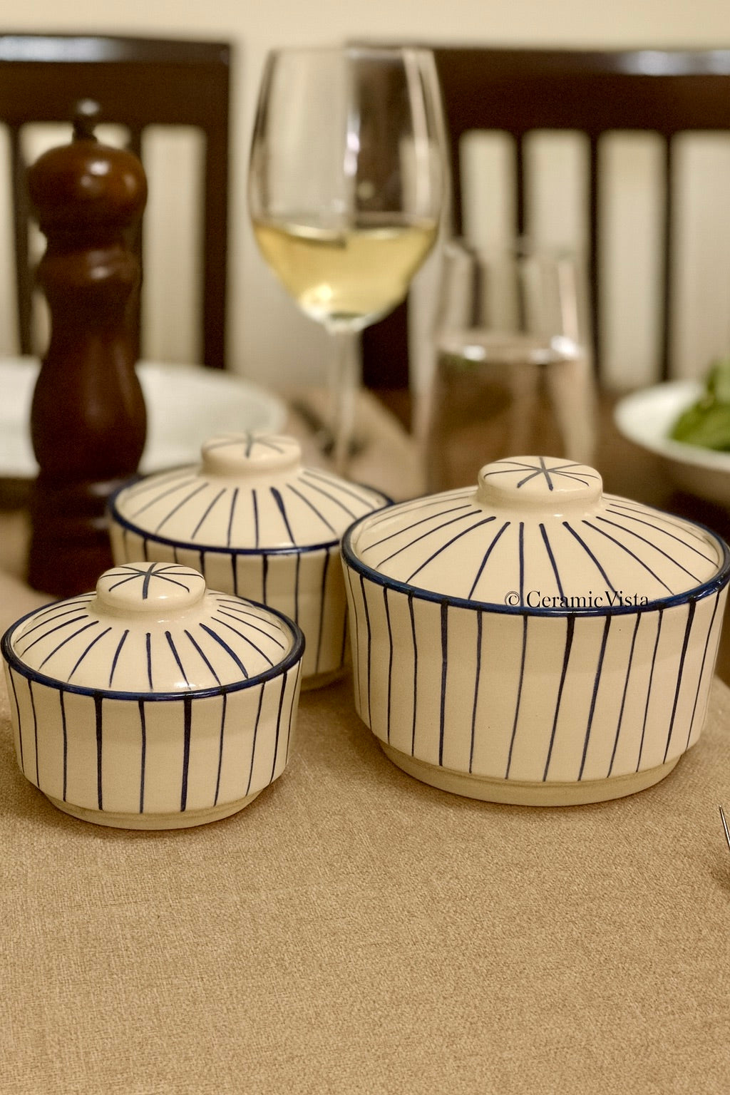 Handcrafted Blue-Line Lidded Serving Bowls – Set of 3 | CeramicVista