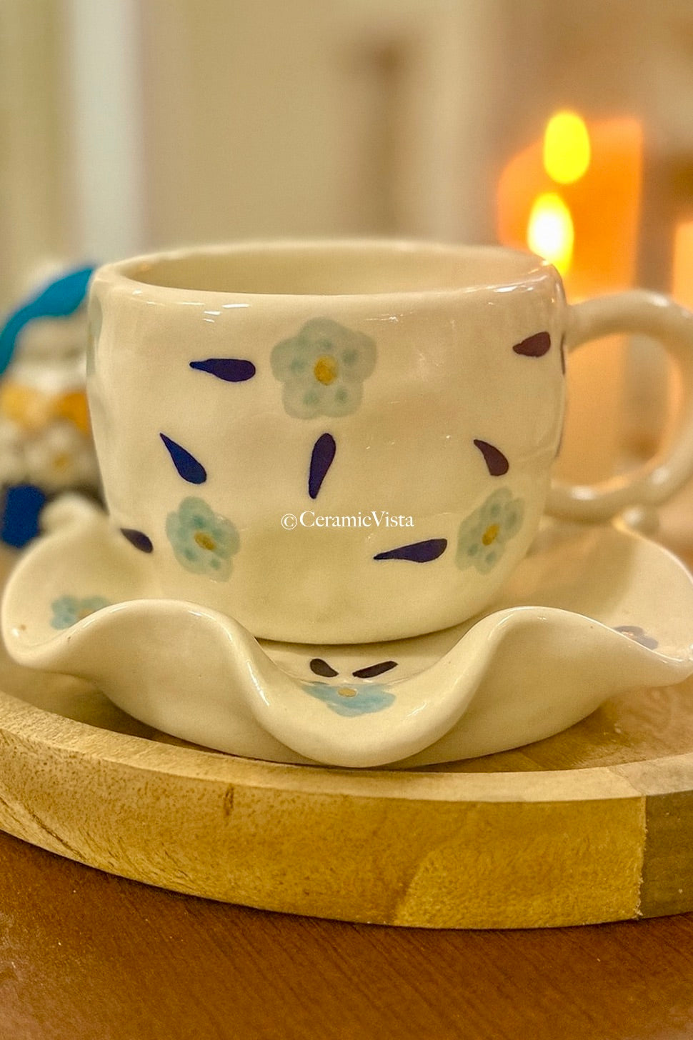 Handcrafted Floral Ceramic Mug With Wavy Saucer | CeramicVista