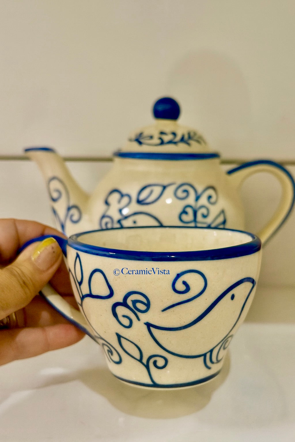 Blue Bird Hand-Painted Ceramic Mug with Handle