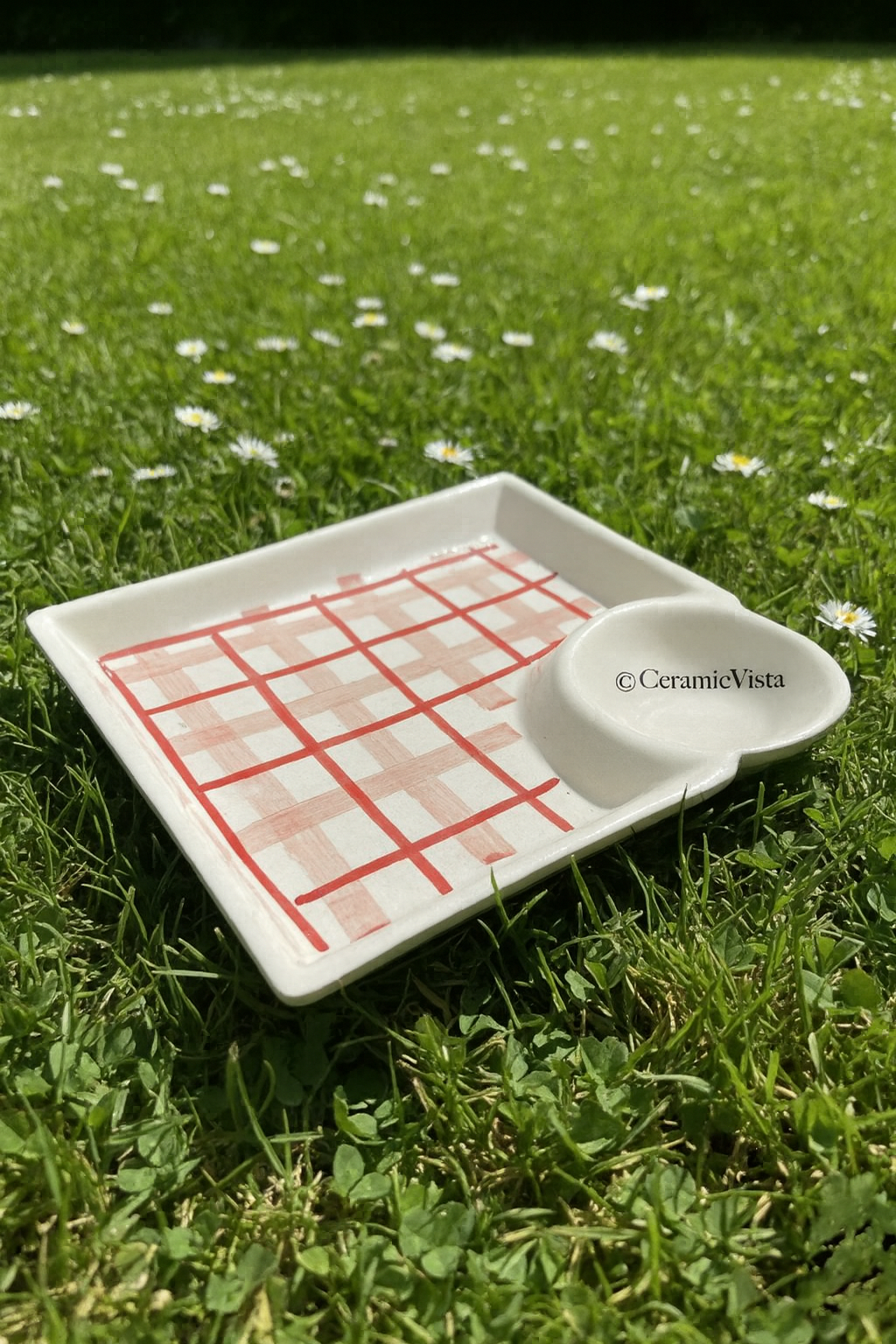 Handcrafted Square Snack Plate with Dip Bowl – Red Checkered Picnic Pattern | CeramicVista