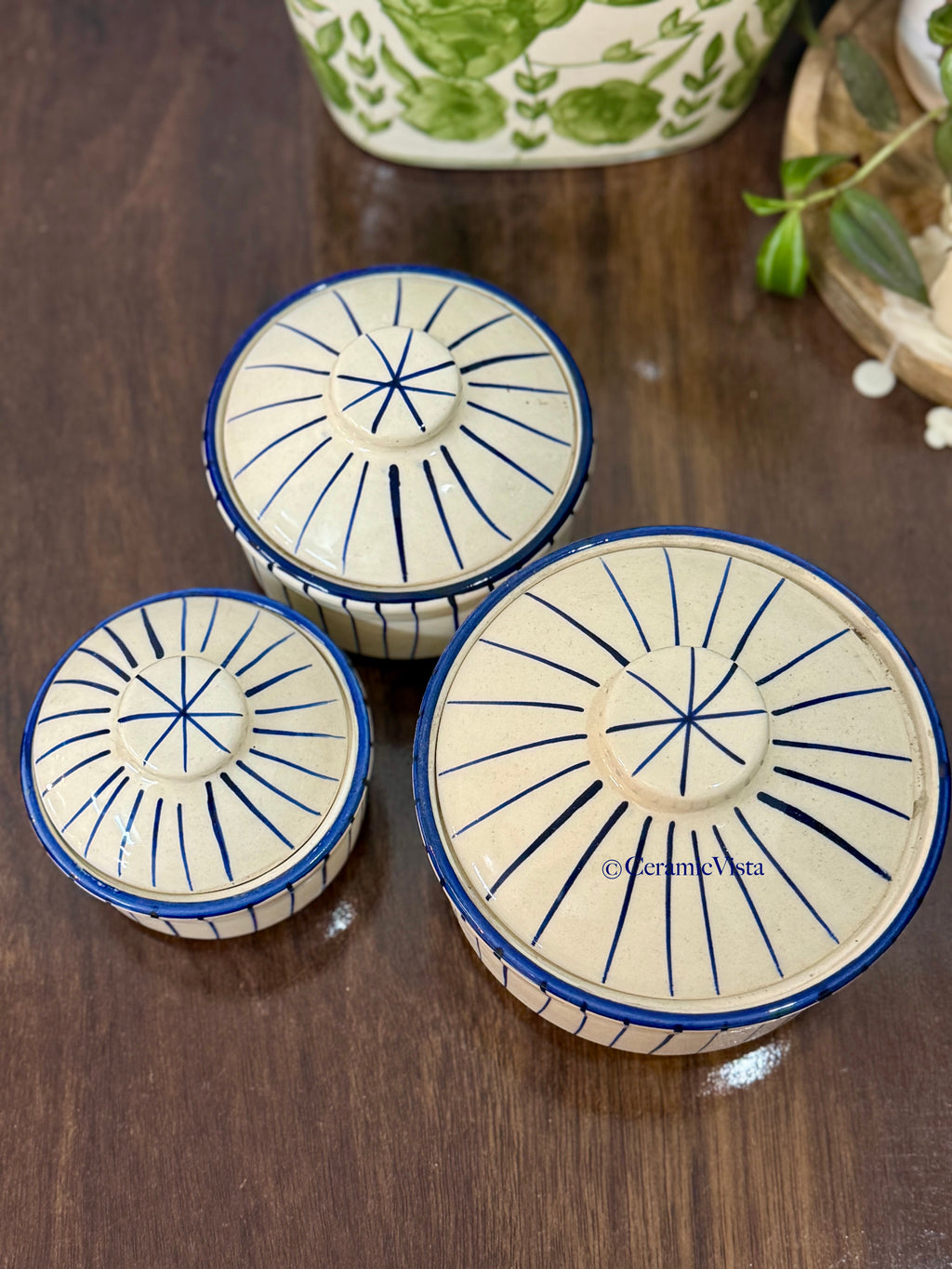 Handcrafted Blue-Line Lidded Serving Bowls – Set of 3 | CeramicVista