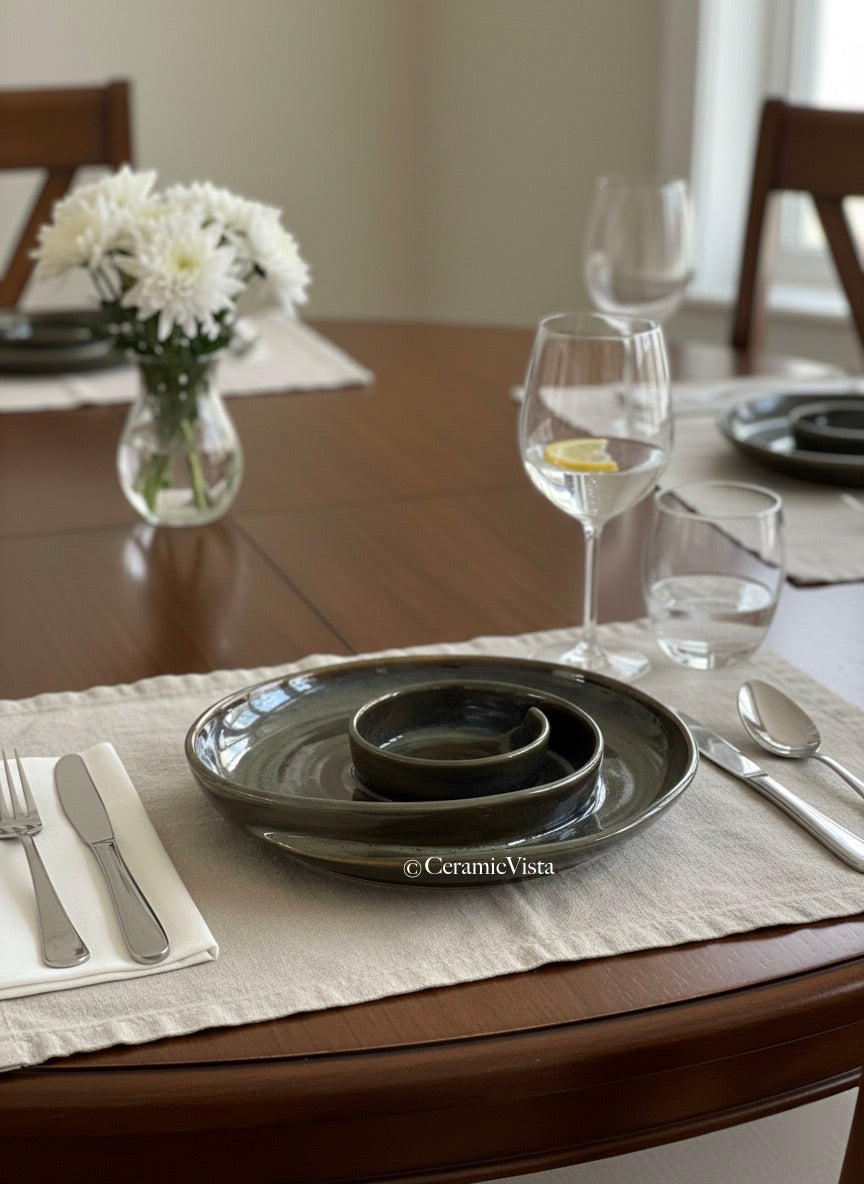 Handcrafted Ceramic Multi-Section Serving Platter – Olive Green Reactive Glaze | CeramicVista