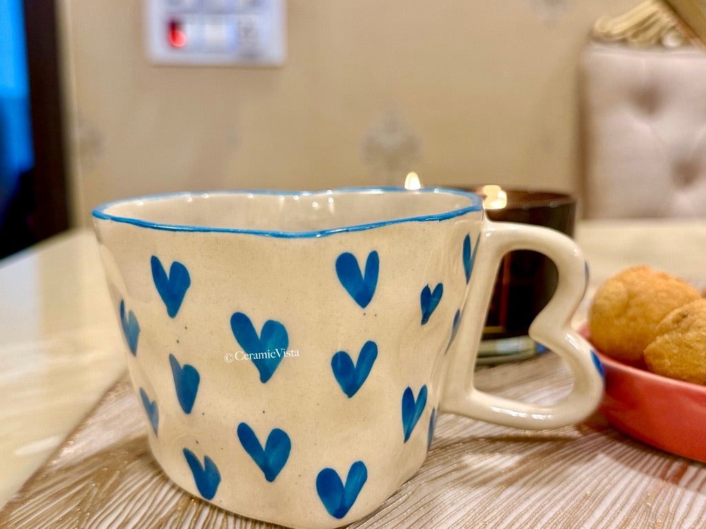 Midnight Romance - Heart Ceramic Mug- Pink, Blue, Heart Prints, White