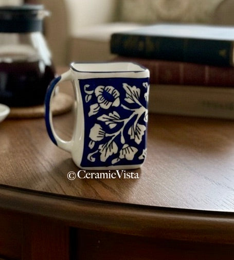 Hand-Painted Indigo Floral Mug – Square Shape(Set of 4) | CeramicVista