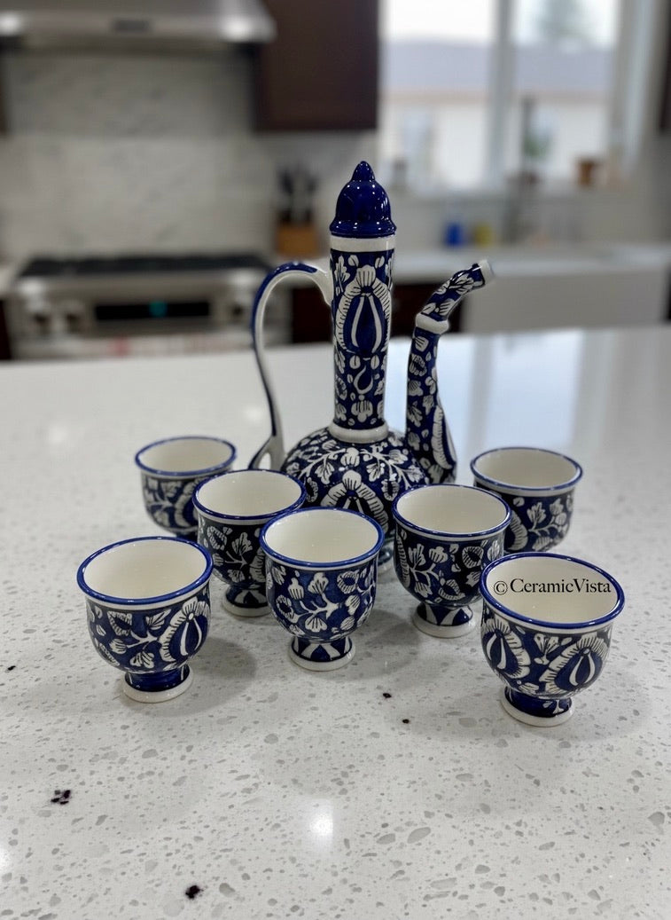 Handcrafted Blue & White Ceramic Tea Set/ Decor Item – Traditional Floral Design (7-Piece) | CeramicVista