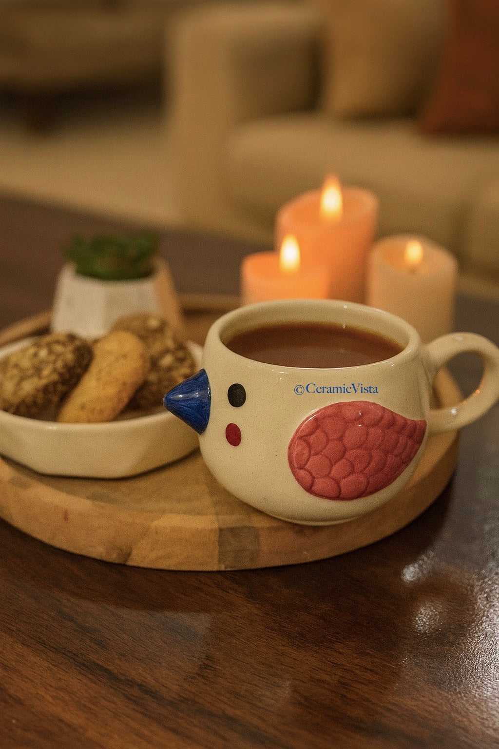 Birdie Bliss Ceramic Mug-Saucer – Cozy Edition| Blue and red beak