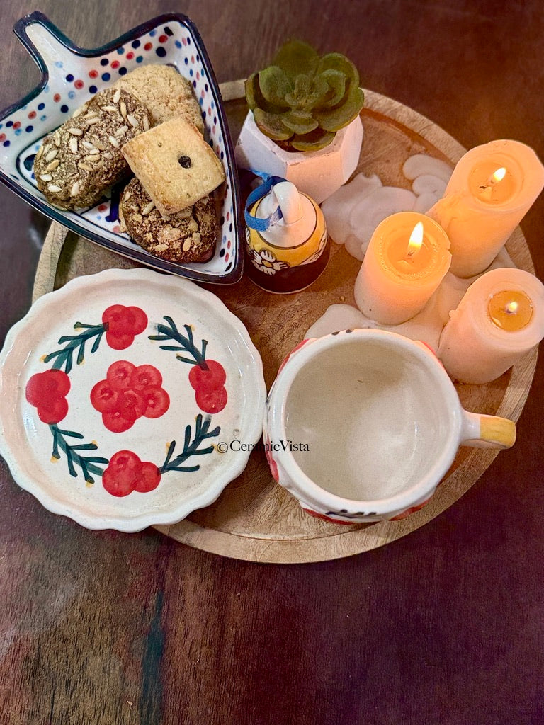 Handcrafted Cherry Ceramic Mug With Saucer – Premium Artistic Set