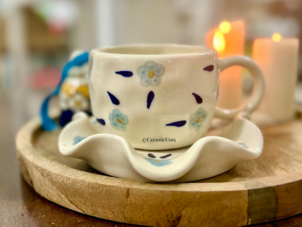 Handcrafted Floral Ceramic Mug With Wavy Saucer | CeramicVista