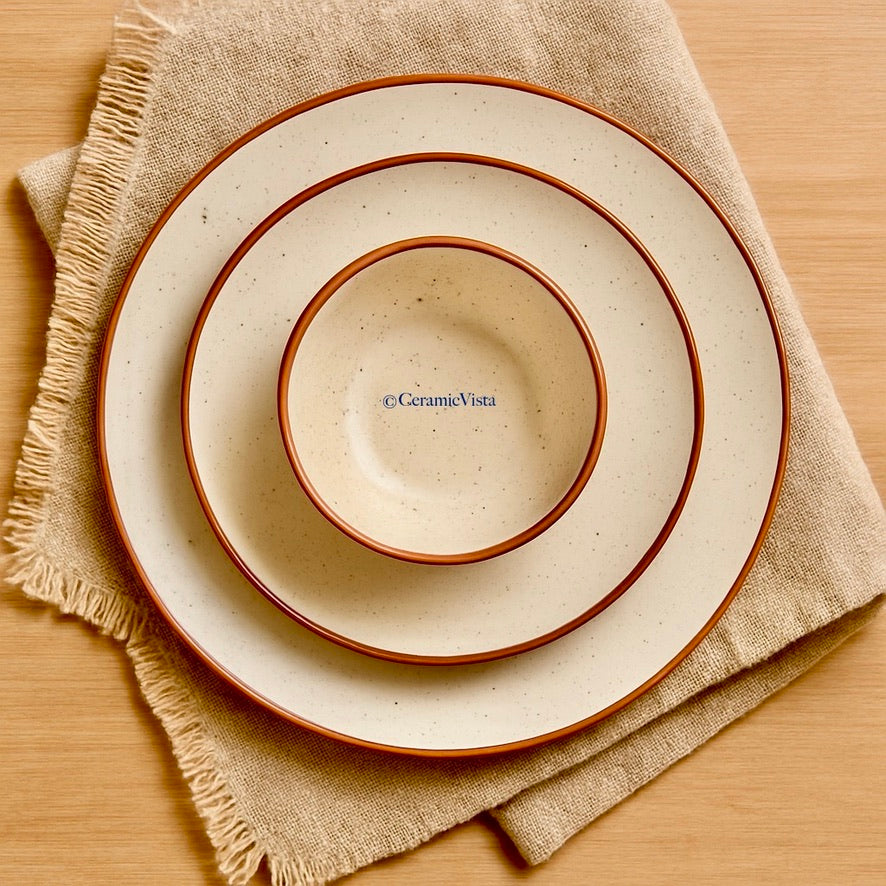 Handcrafted Rustic Rim Stoneware – 3-Piece Dinner Set (Dinner Plate, Quarter Plate & katori)