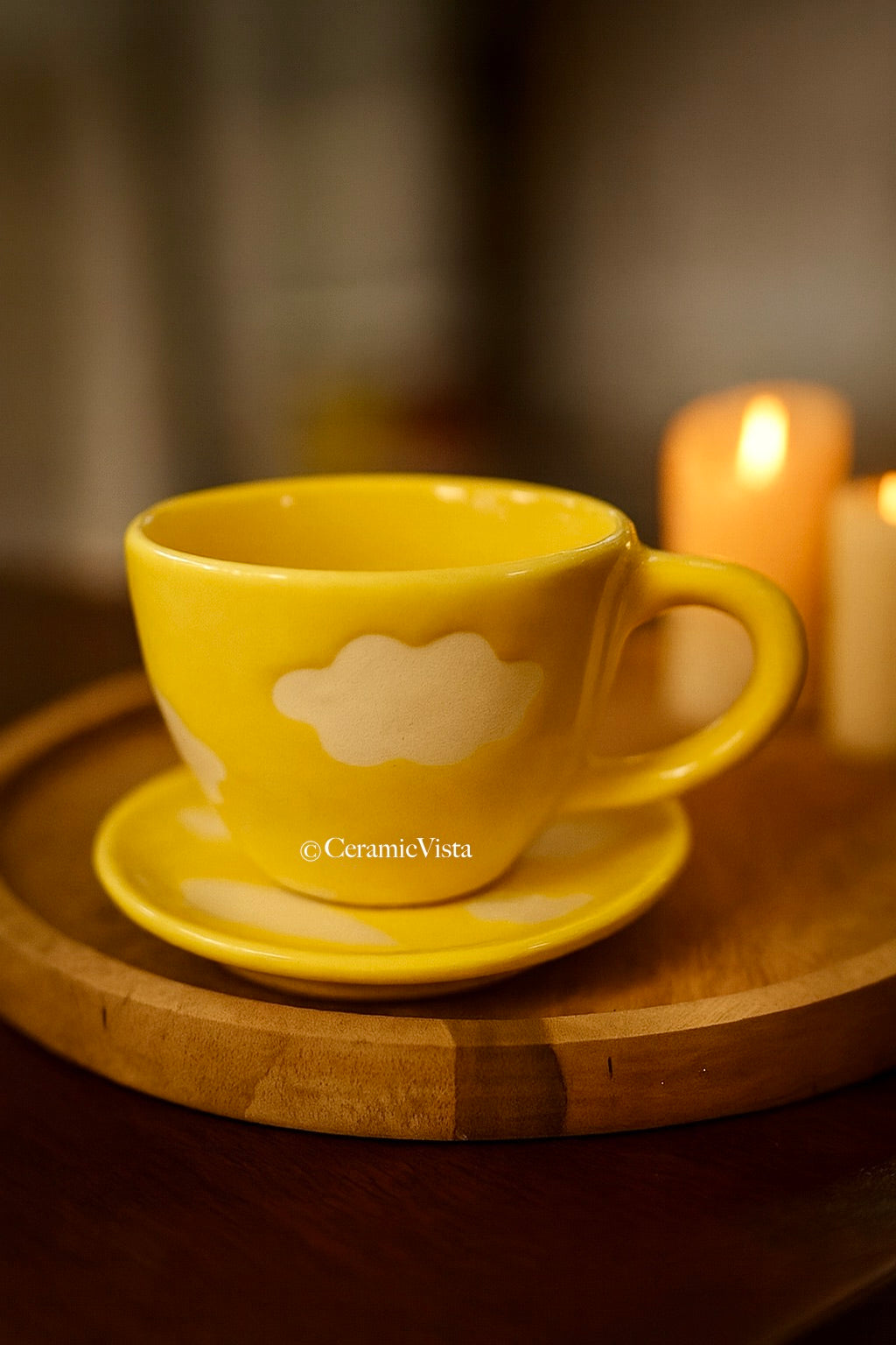Sunny Cloud Ceramic Cup & Saucer Set – Handcrafted Yellow Aesthetic