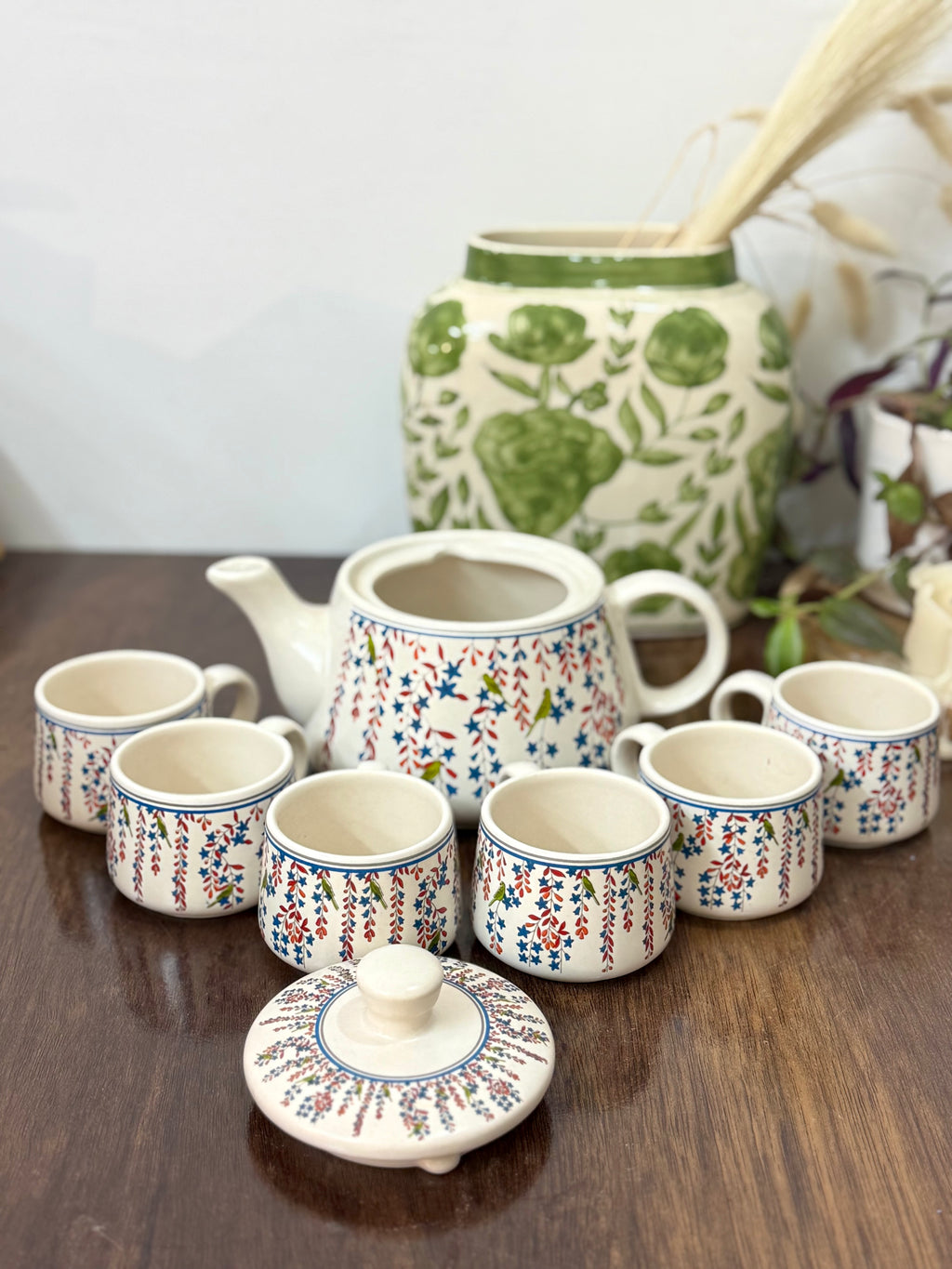 Hand-Painted Wisteria Bloom Ceramic Teapot Set (1 Kettle + 6 Cups) | CeramicVista