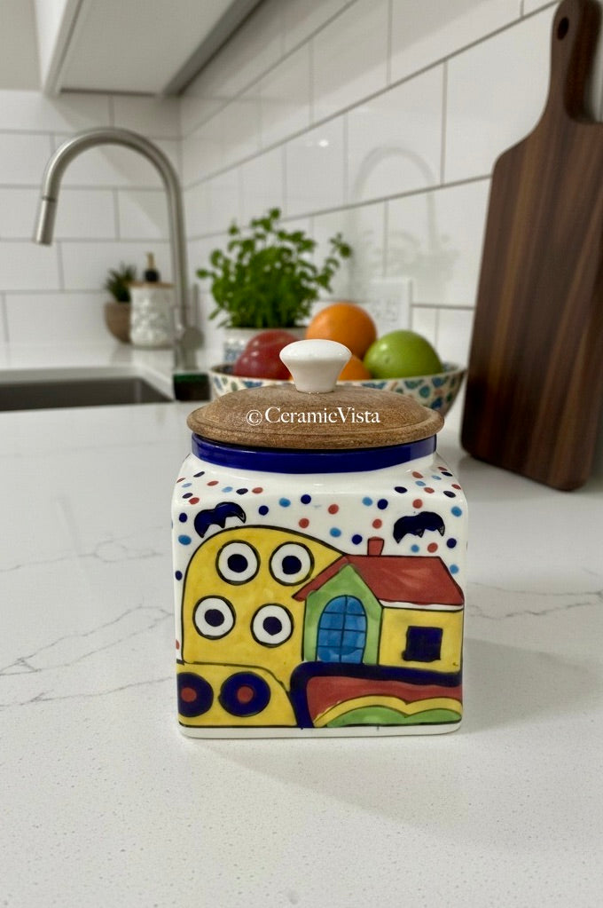 Hand-Painted Ceramic Storage Jar with Wooden Lid | CeramicVista