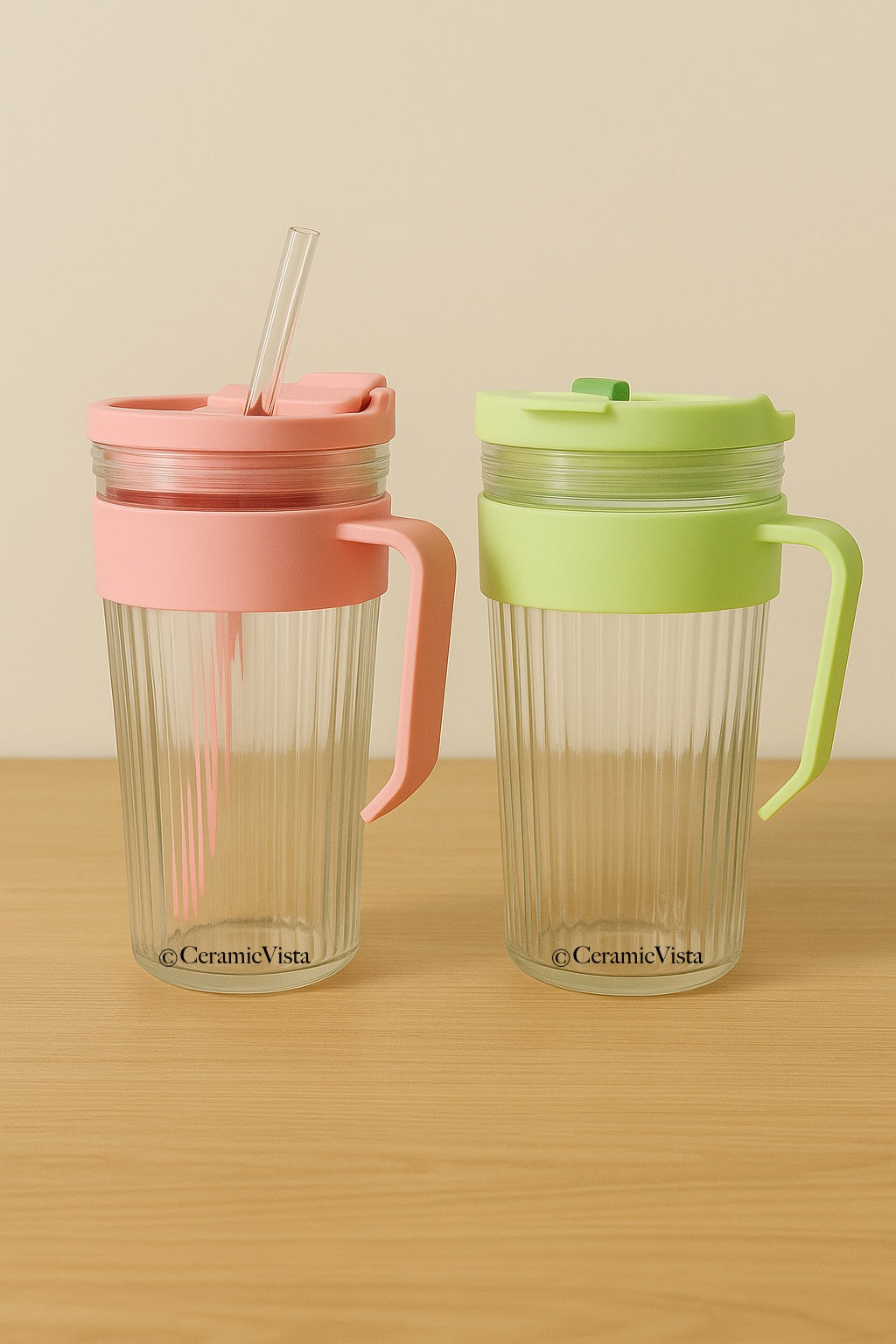 Ribbed Glass Sipper with Handle, Infuser, Lid & Straw | CeramicVista | Soft Lime Green and Pink | CeramicVista