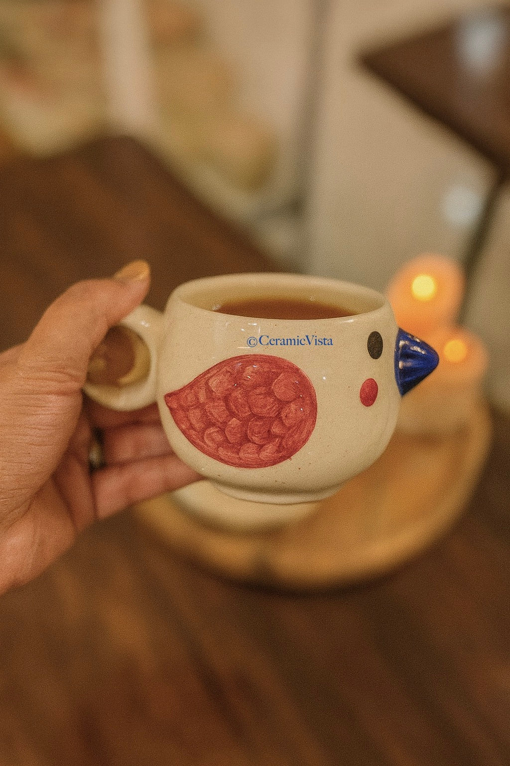 Birdie Bliss Ceramic Mug-Saucer – Cozy Edition| Blue and red beak