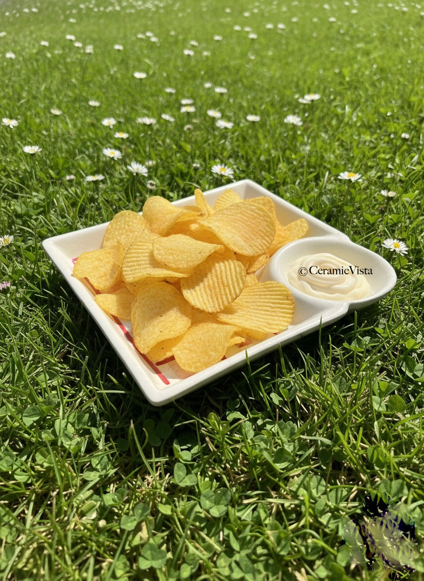 Handcrafted Square Snack Plate with Dip Bowl – Red Checkered Picnic Pattern | CeramicVista
