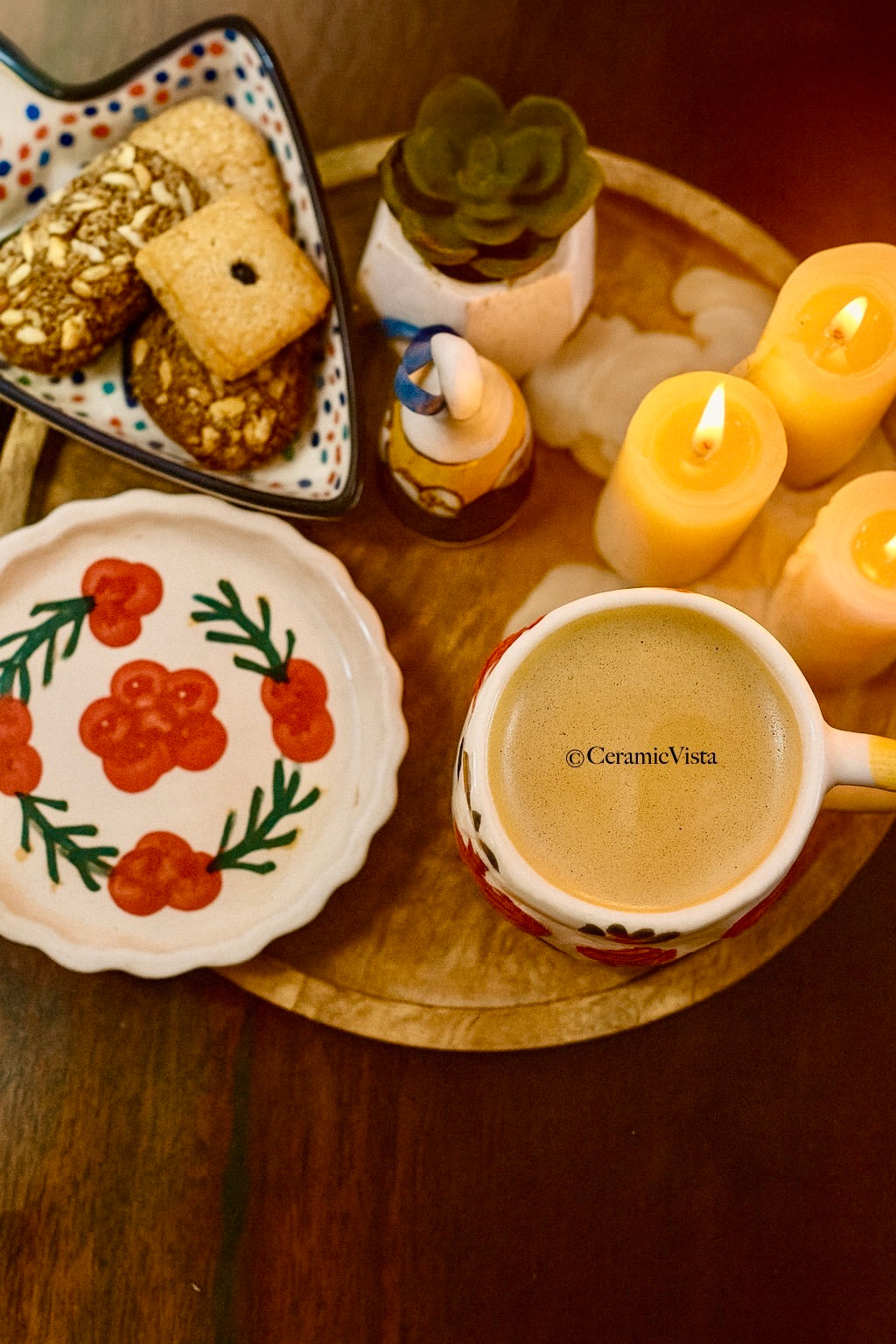 Handcrafted Cherry Ceramic Mug With Saucer – Premium Artistic Set