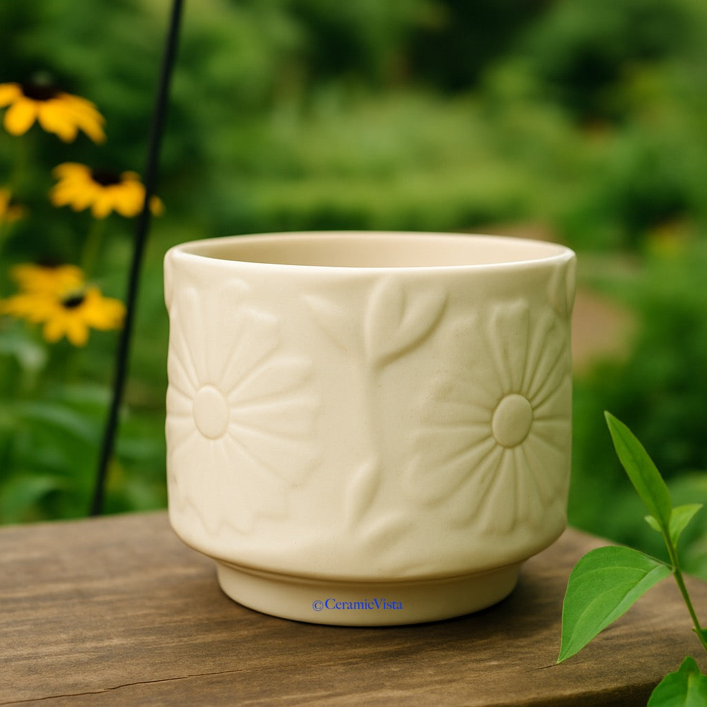 Ivory Daisy Embossed Ceramic Planter | CeramicVista