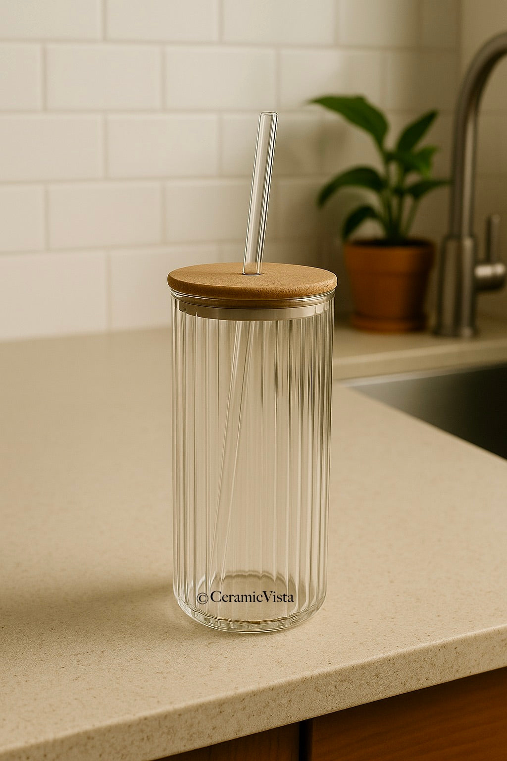 Ribbed Glass Sipper with Bamboo Lid & Glass Straw | CeramicVista