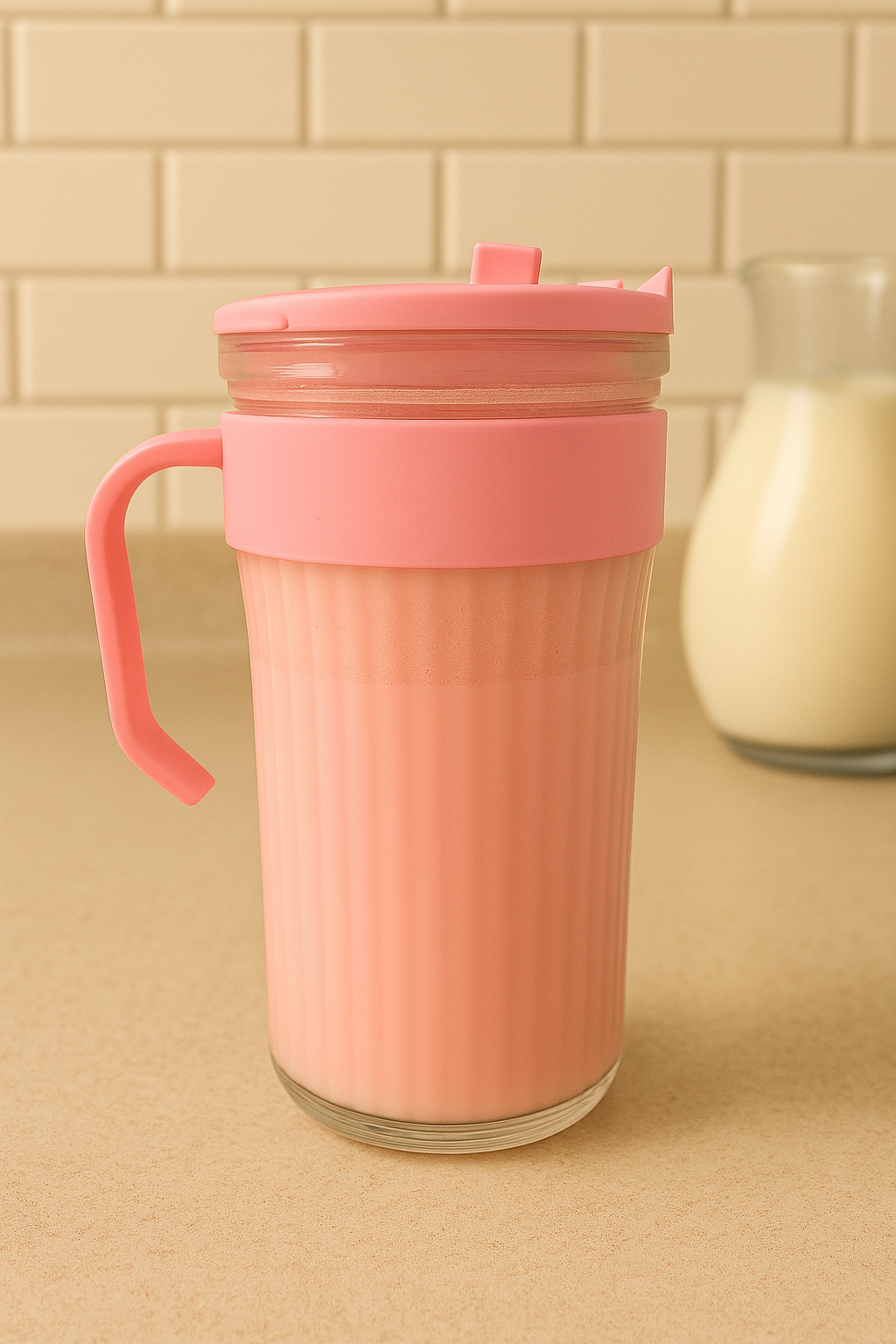 Ribbed Glass Sipper with Handle, Infuser, Lid & Straw | CeramicVista | Soft Lime Green and Pink | CeramicVista