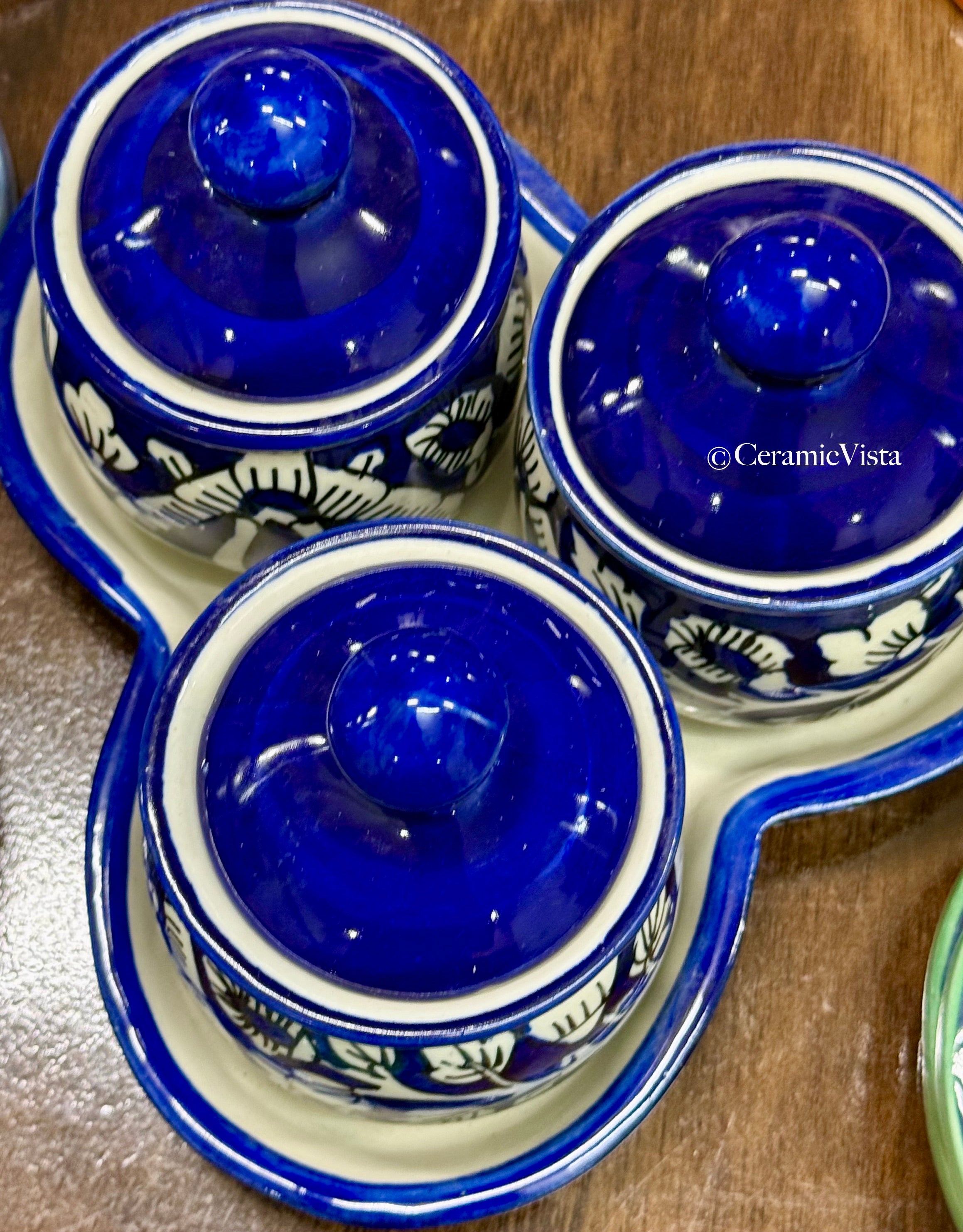 Royal Blue Mughal Hand-Painted 3-Jar Pickle(Achaar)/Spice Set with Tray | CeramicVista