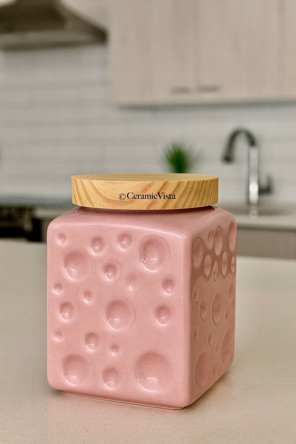 Pink Bubble Texture Ceramic Storage Jar with Wooden Lid | CeramicVista