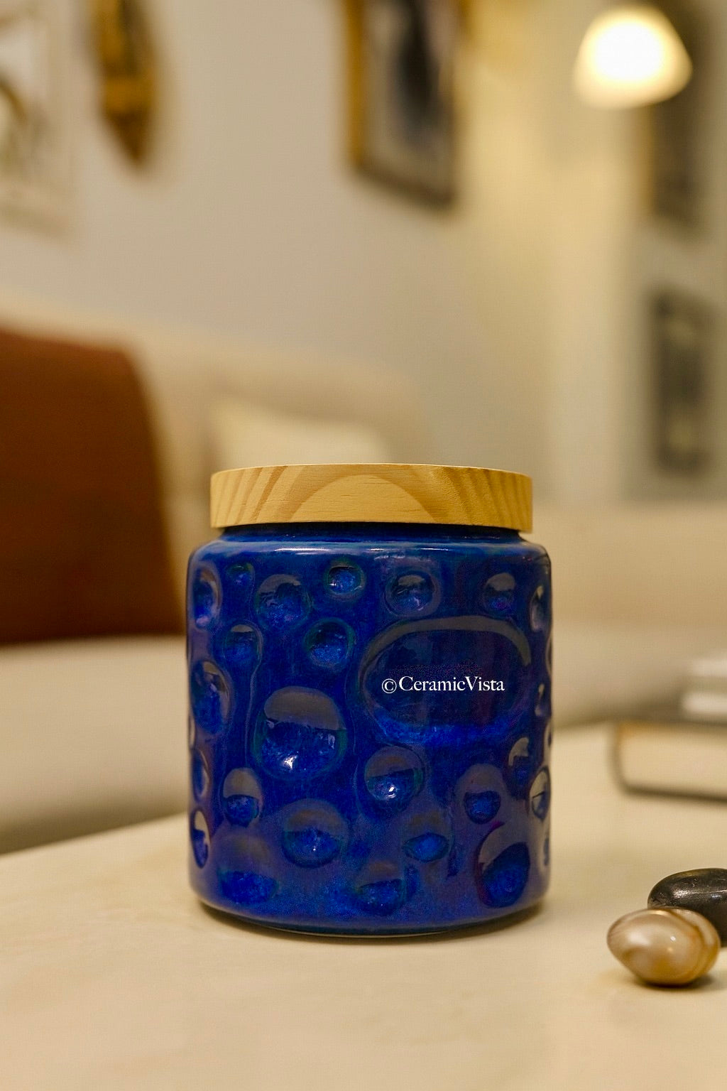 Blue Bubble-Texture Ceramic Storage Jar with Wooden Lid | CeramicVista