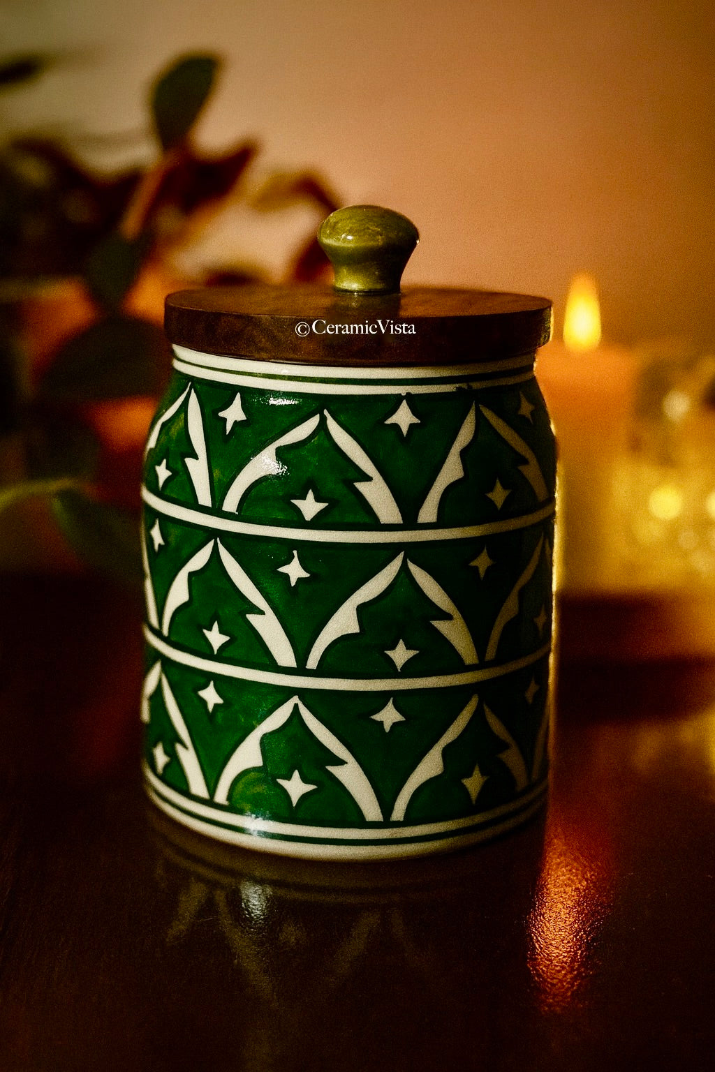 Green Moroccan Print Ceramic Storage Jar with Wooden Lid | CeramicVista