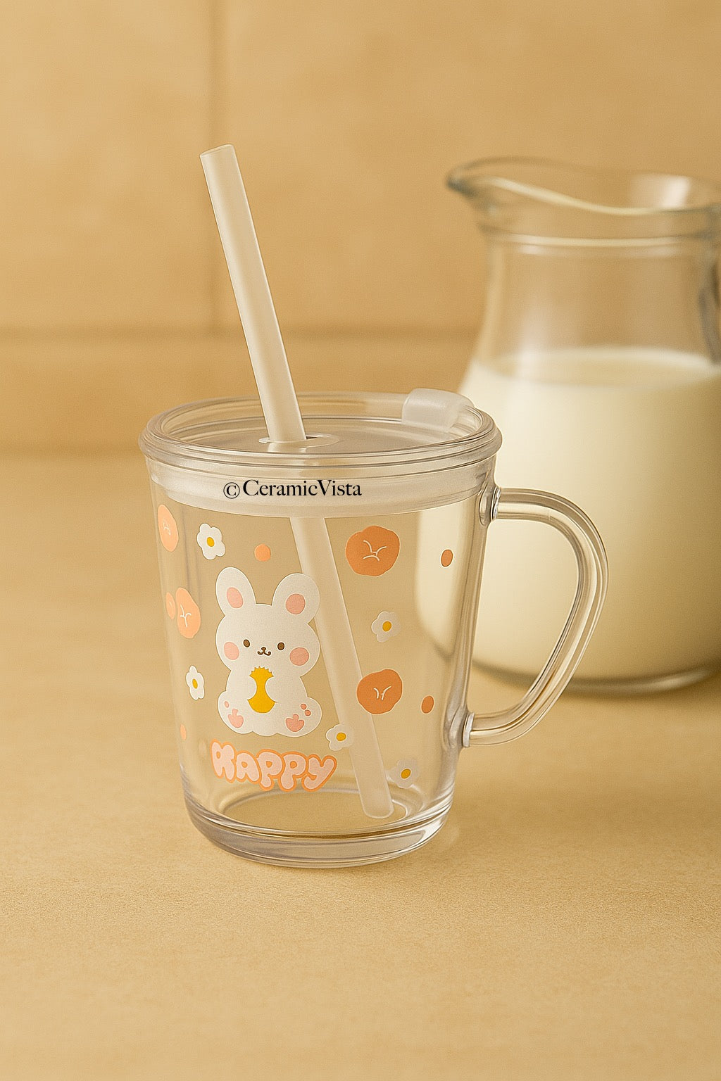 Happy Bear Printed Glass Milk Mug with Lid & Straw | Cute Clear Cup | CeramicVista