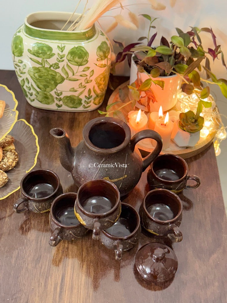 Rustic Cocoa Stoneware Tea Set – 1 Kettle + 6 Cups | CeramicVista
