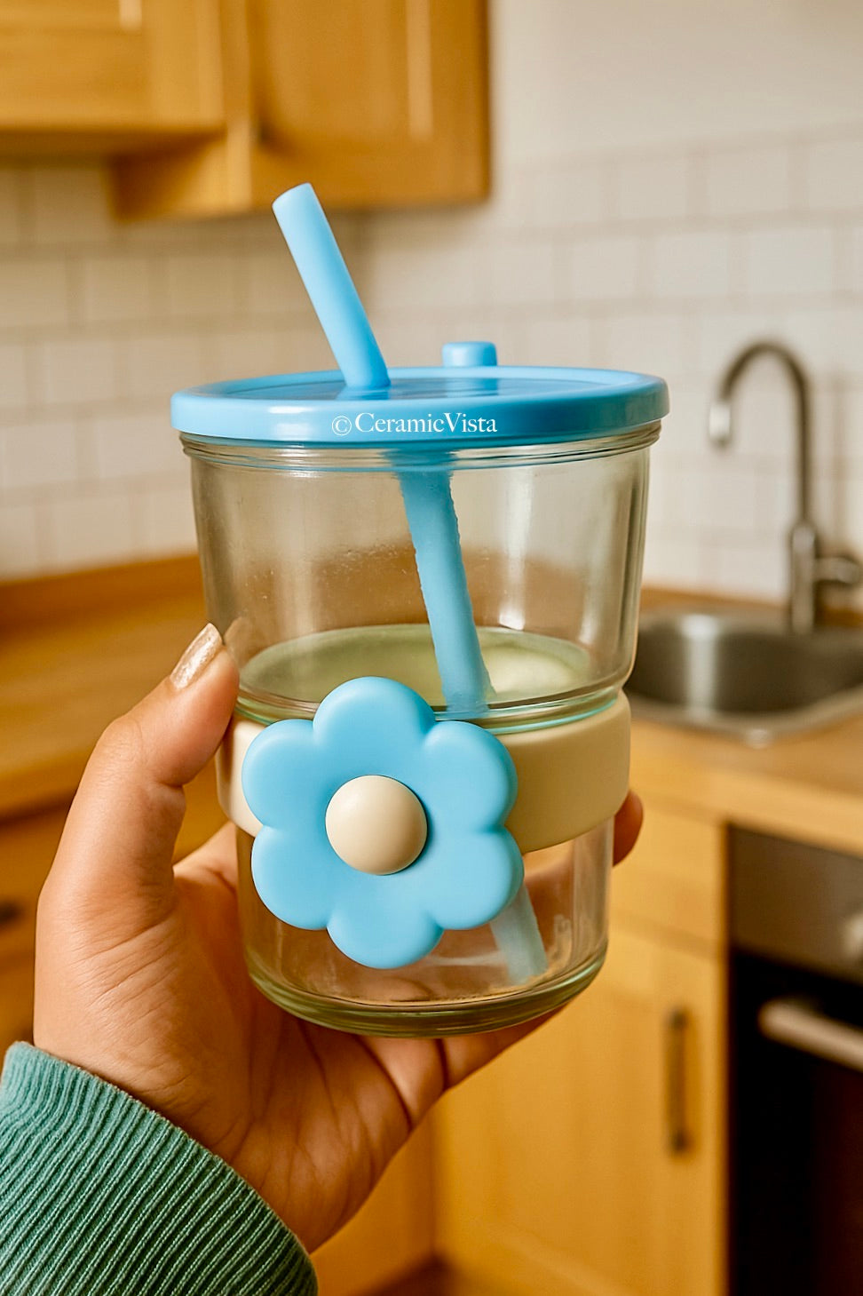 Blue Blossom Glass Sipper with Straw – Cute Flower Grip | CeramicVista