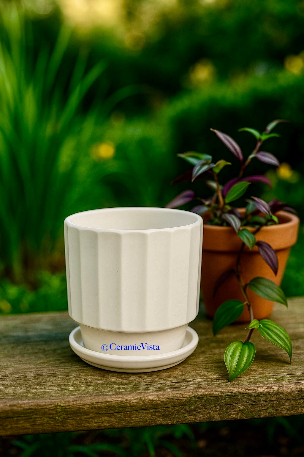 Ivory Ribbed Ceramic Planter with Tray | CeramicVista