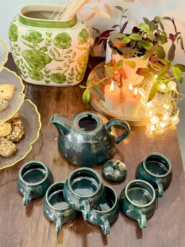 Emerald Glow Tea Set – 1 Kettle + 6 Cups | CeramicVista