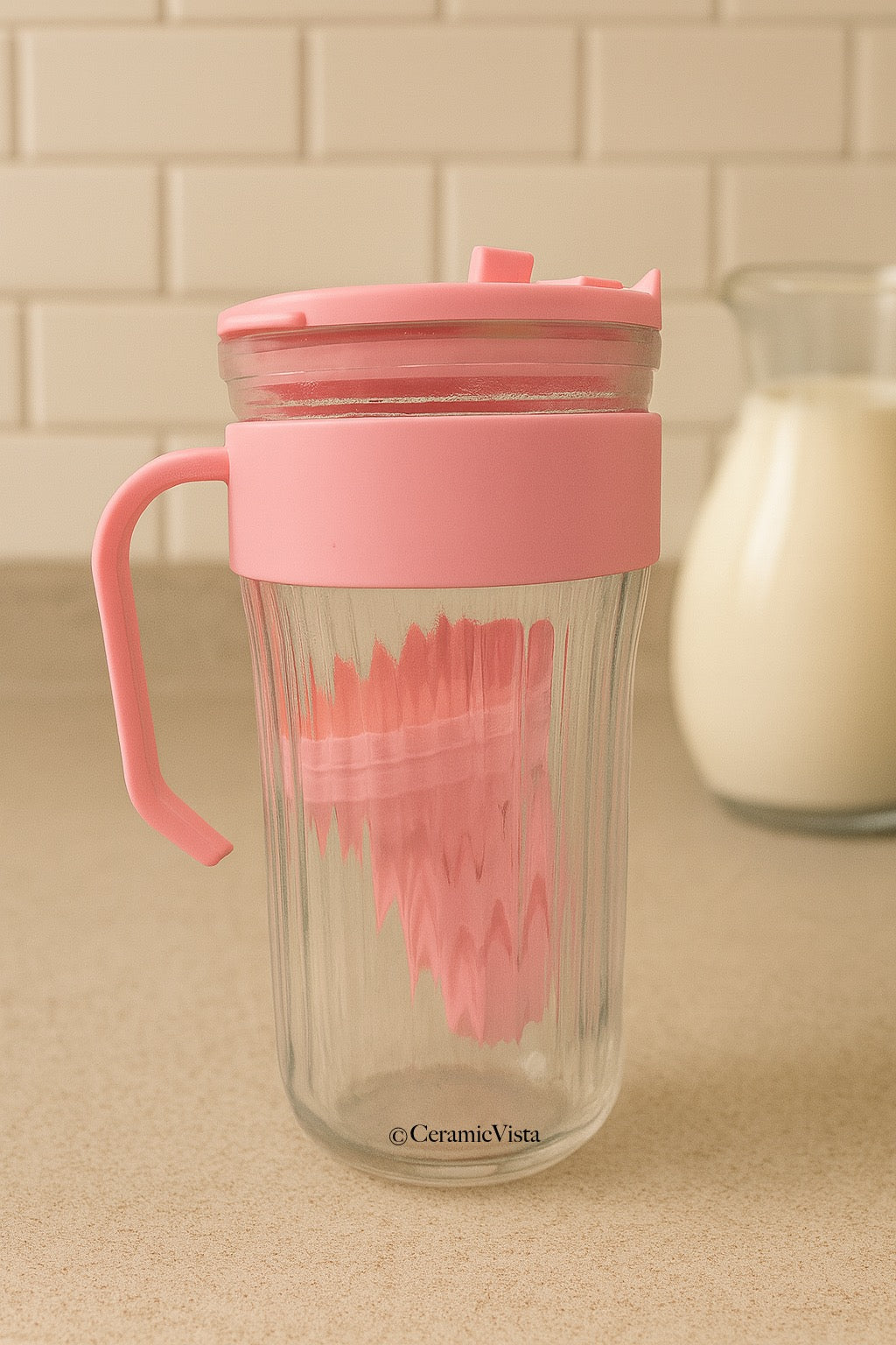 Ribbed Glass Sipper with Handle, Infuser, Lid & Straw | CeramicVista | Soft Lime Green and Pink | CeramicVista