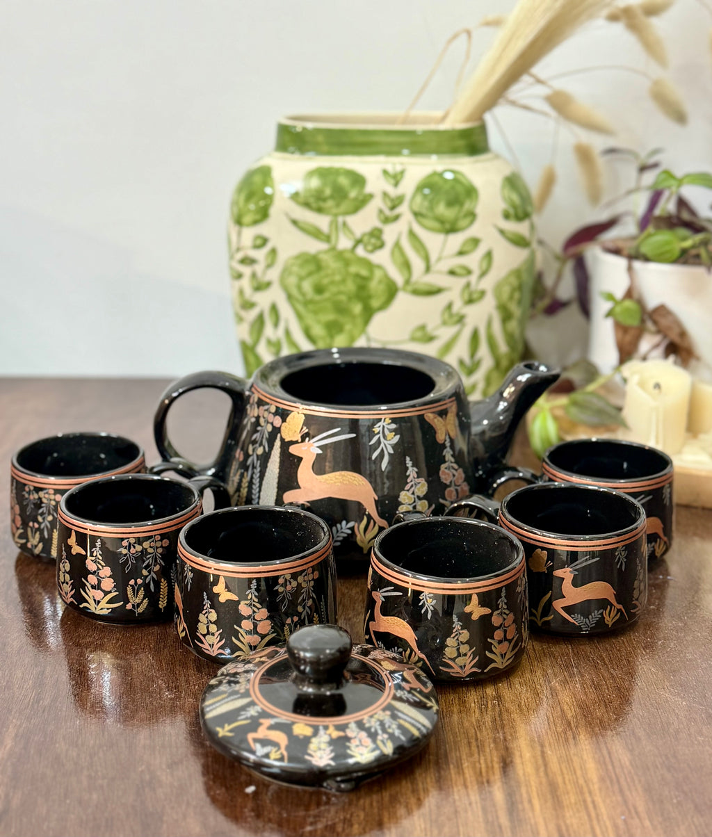 Hand-Painted Midnight Deer Ceramic Teapot Set (1 Kettle + 6 Cups) | CeramicVista