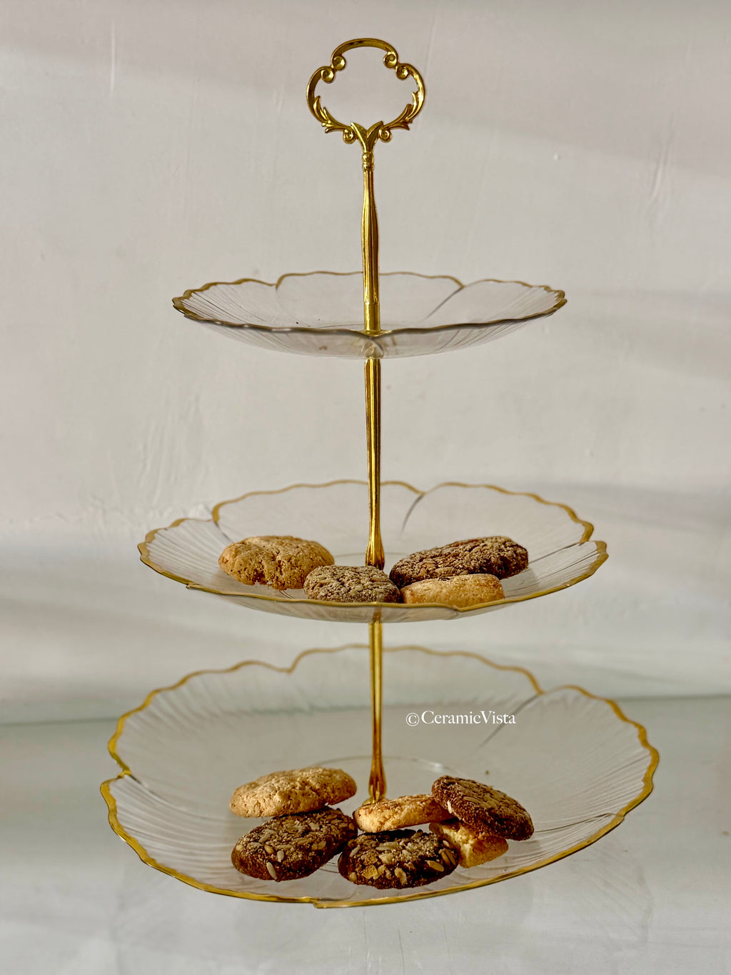 3-Tier Acrylic Serving Stand with Gold Detailing for Cakes, Cupcakes, Cookies & Pastries | CeramicVista