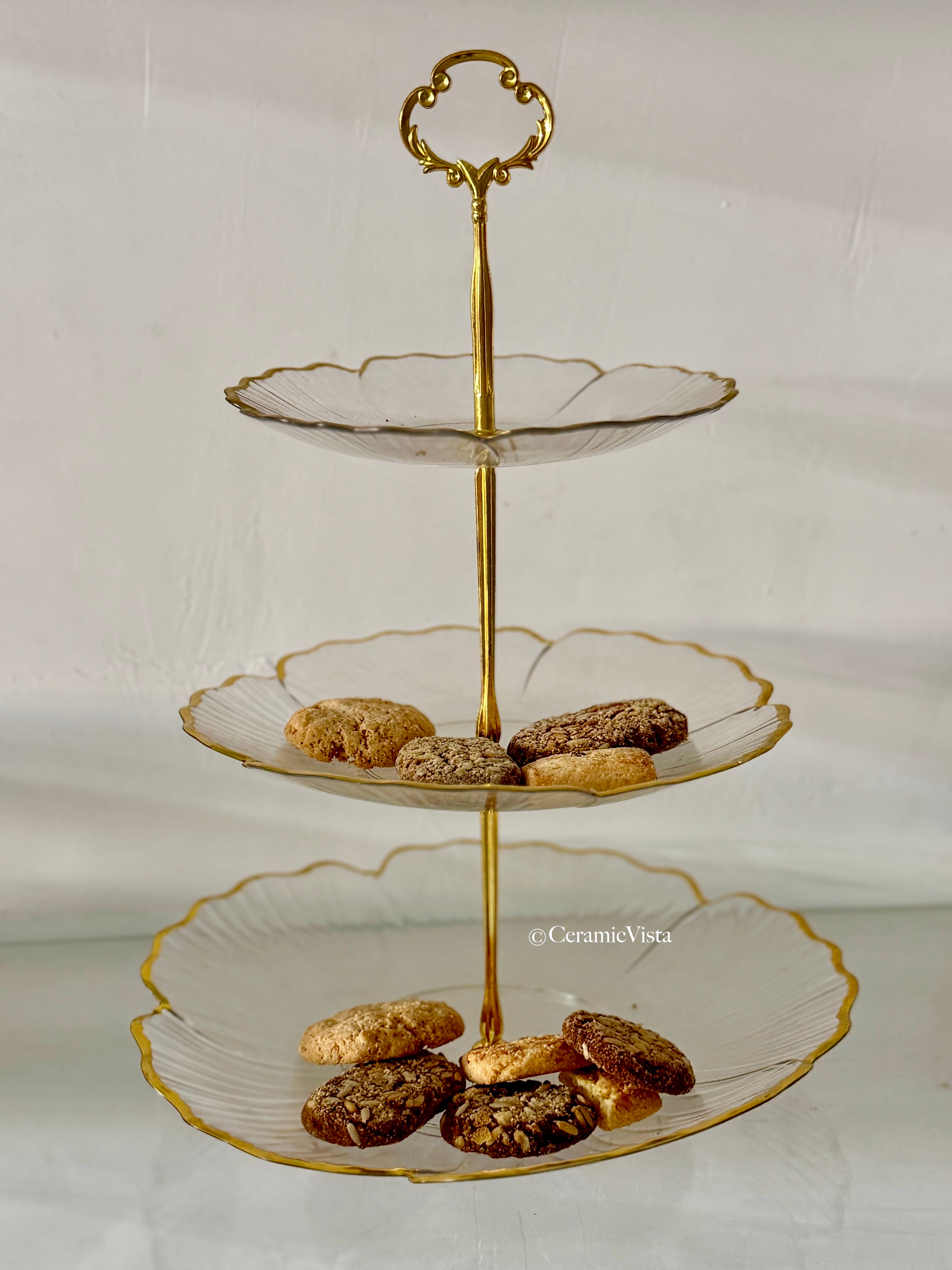 3-Tier Acrylic Serving Stand with Gold Detailing for Cakes, Cupcakes, Cookies & Pastries | CeramicVista