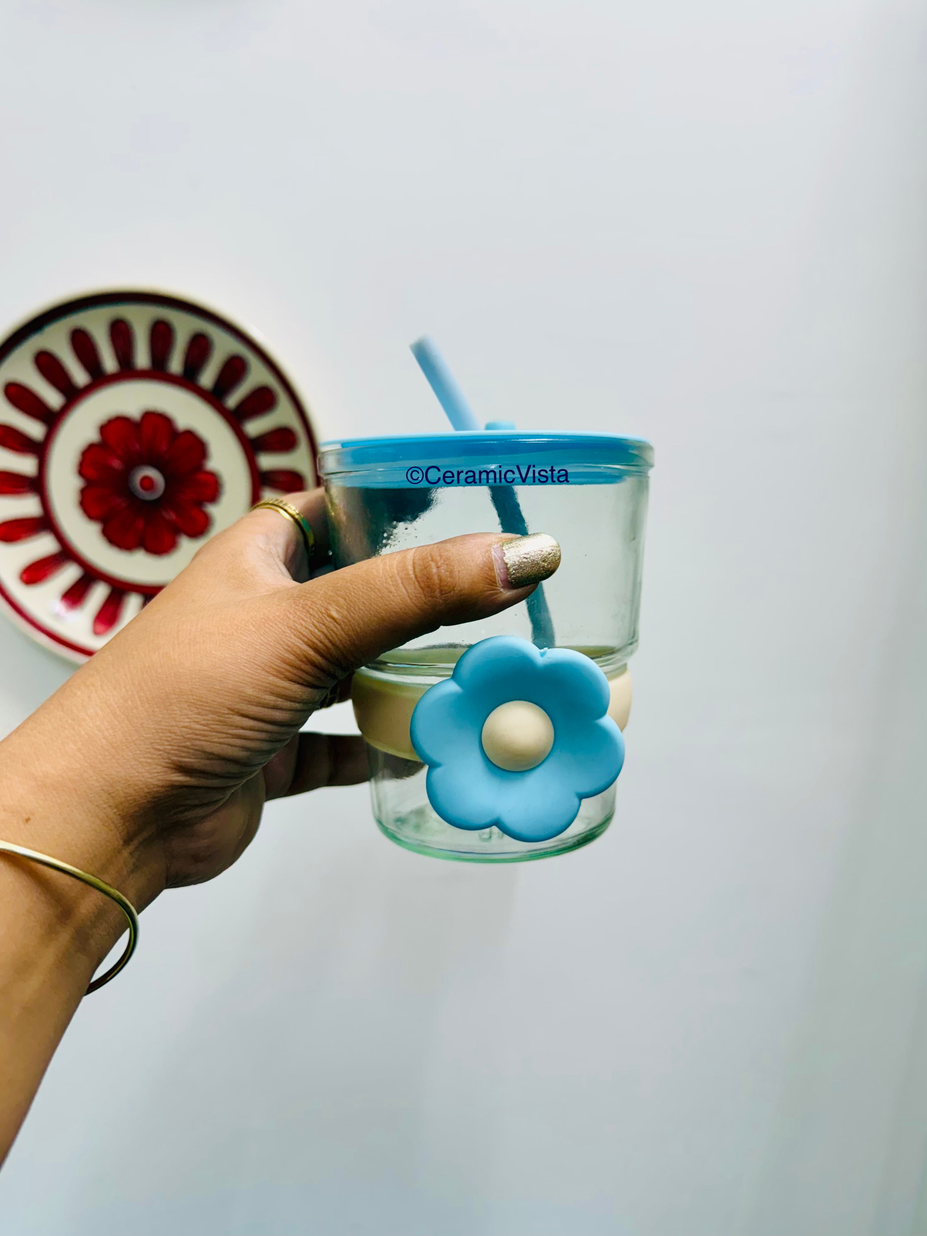 Blue Blossom Glass Sipper with Straw – Cute Flower Grip | CeramicVista