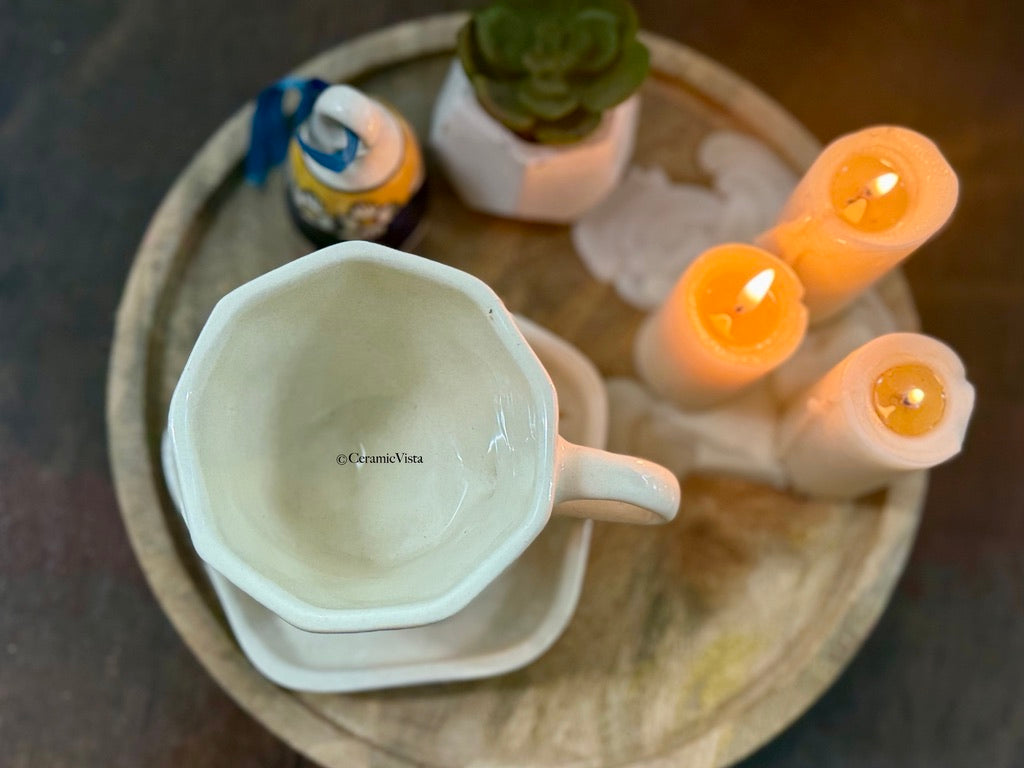 Minimal Leaf Ceramic Mug With Saucer | CeramicVista