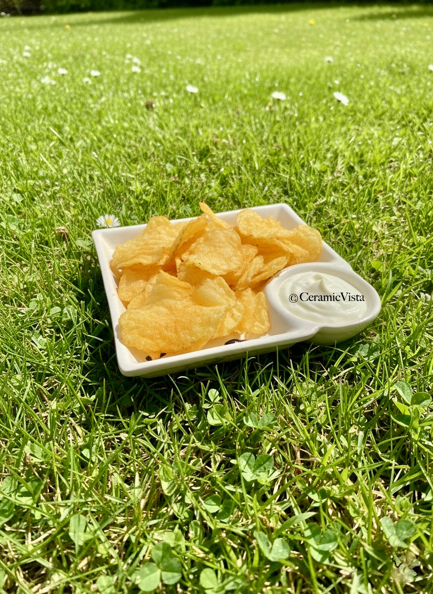 Handcrafted Square Snack Plate with Dip Bowl – Raindrop Blue Pattern | CeramicVista
