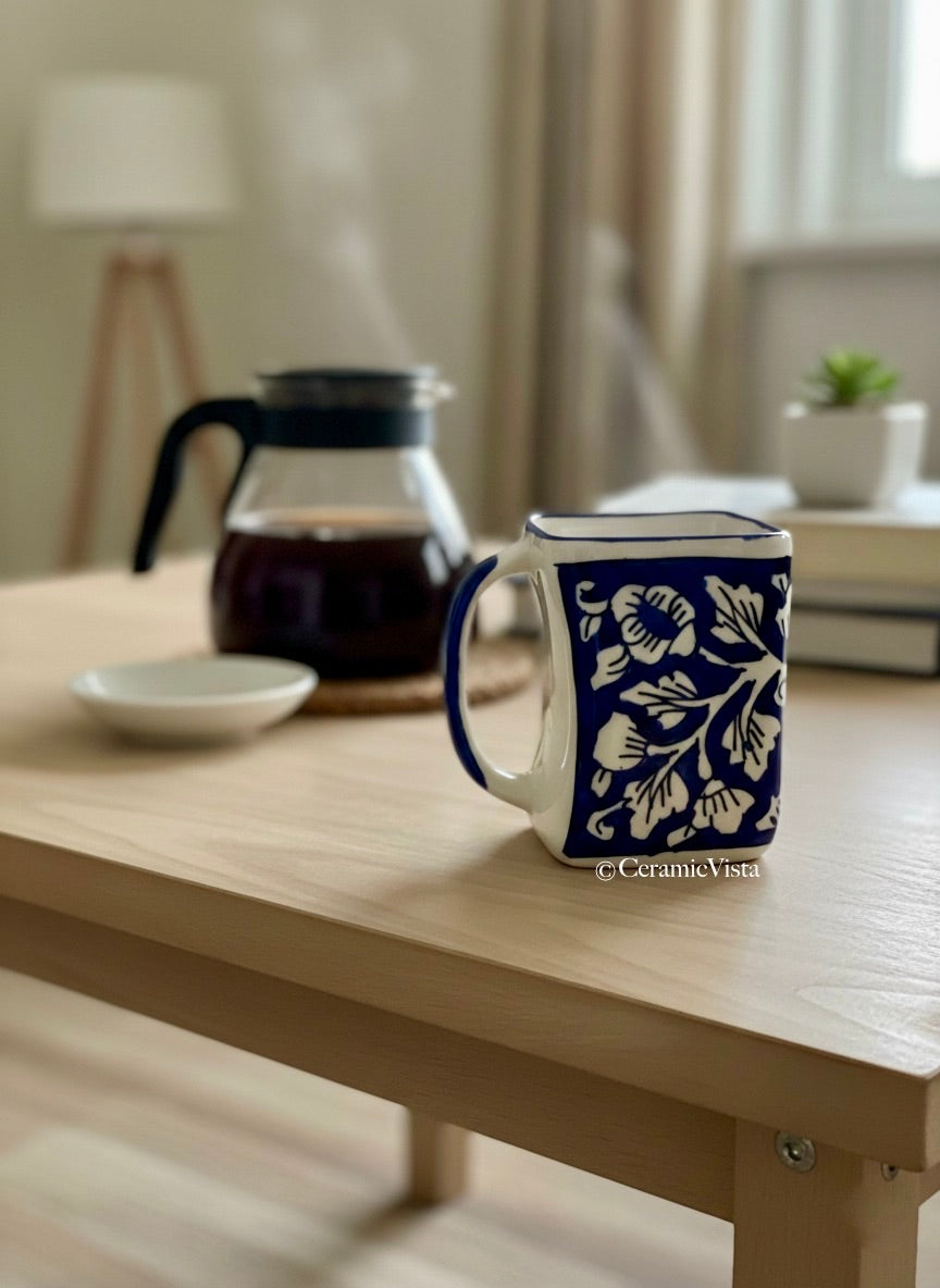 Hand-Painted Indigo Floral Mug – Square Shape(Set of 4) | CeramicVista