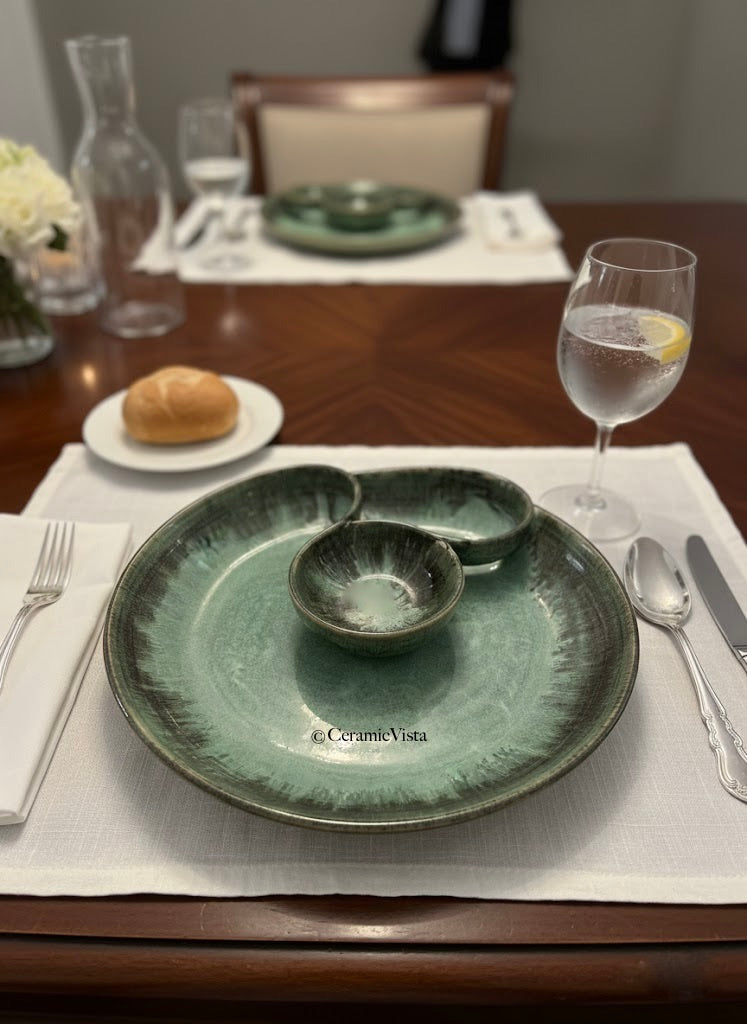 Handcrafted Ceramic Chip & Dip Platter – Deep Green Reactive Glaze Serving Set | CeramicVista