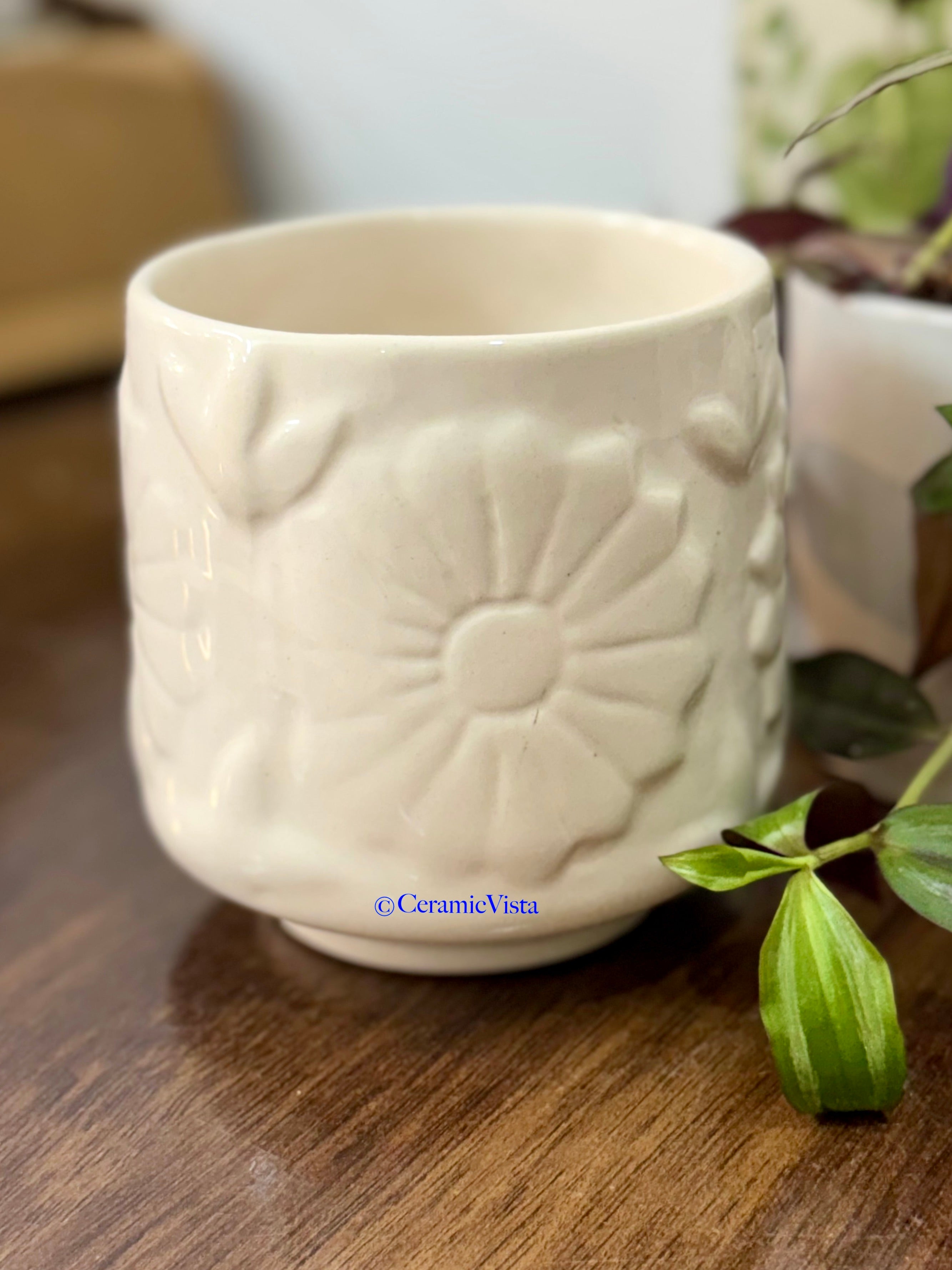 Ivory Daisy Embossed Ceramic Planter | CeramicVista